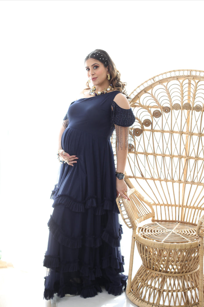 Navy Blue Fringe Mama Gown