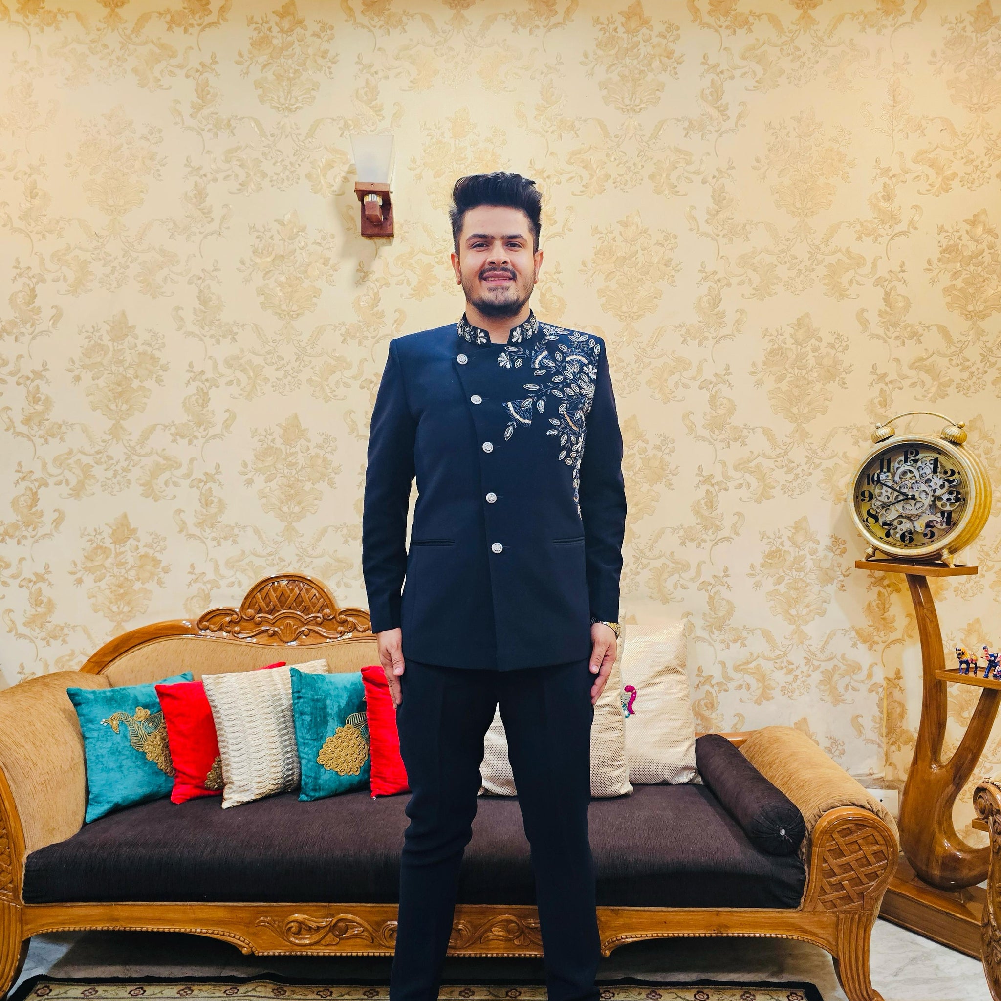 Menswear Navy Blue Angrakha Bandhgala With Pants