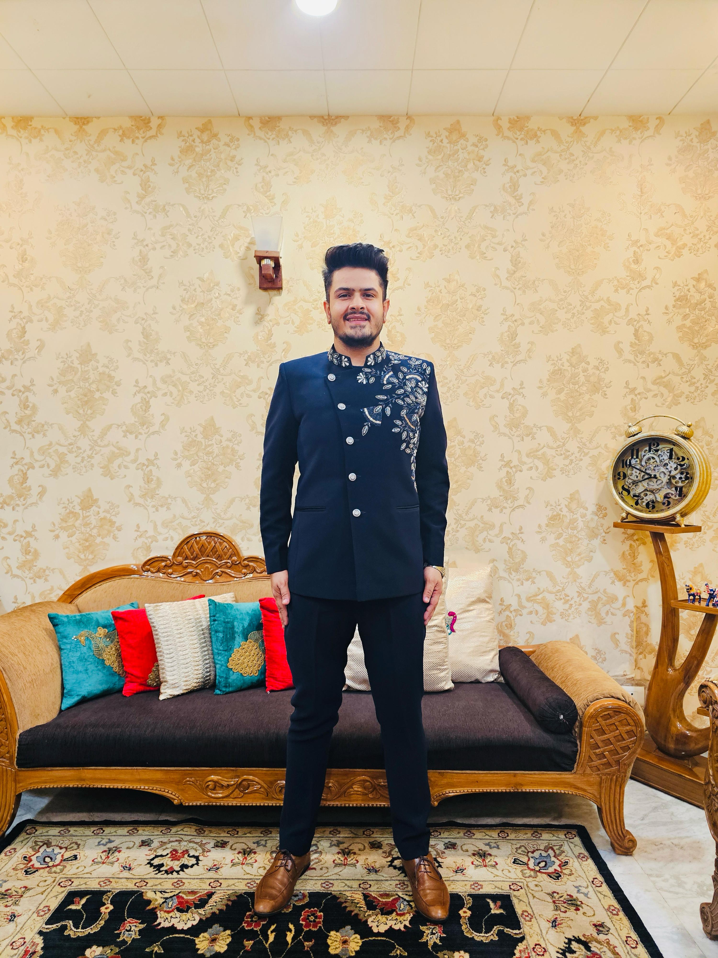 Menswear Navy Blue Angrakha Bandhgala With Pants