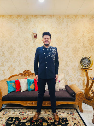 Menswear Navy Blue Angrakha Bandhgala With Pants