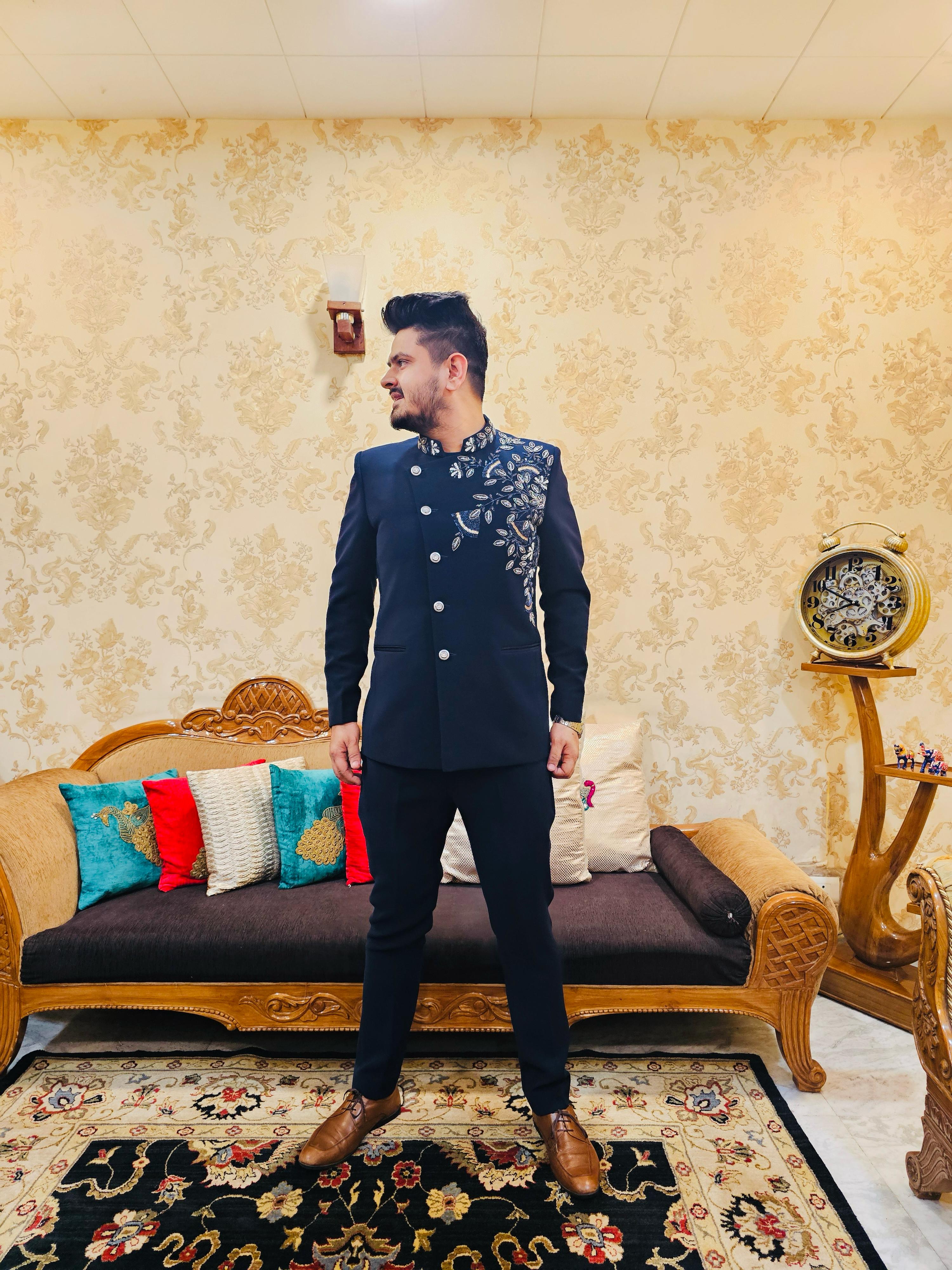 Menswear Navy Blue Angrakha Bandhgala With Pants