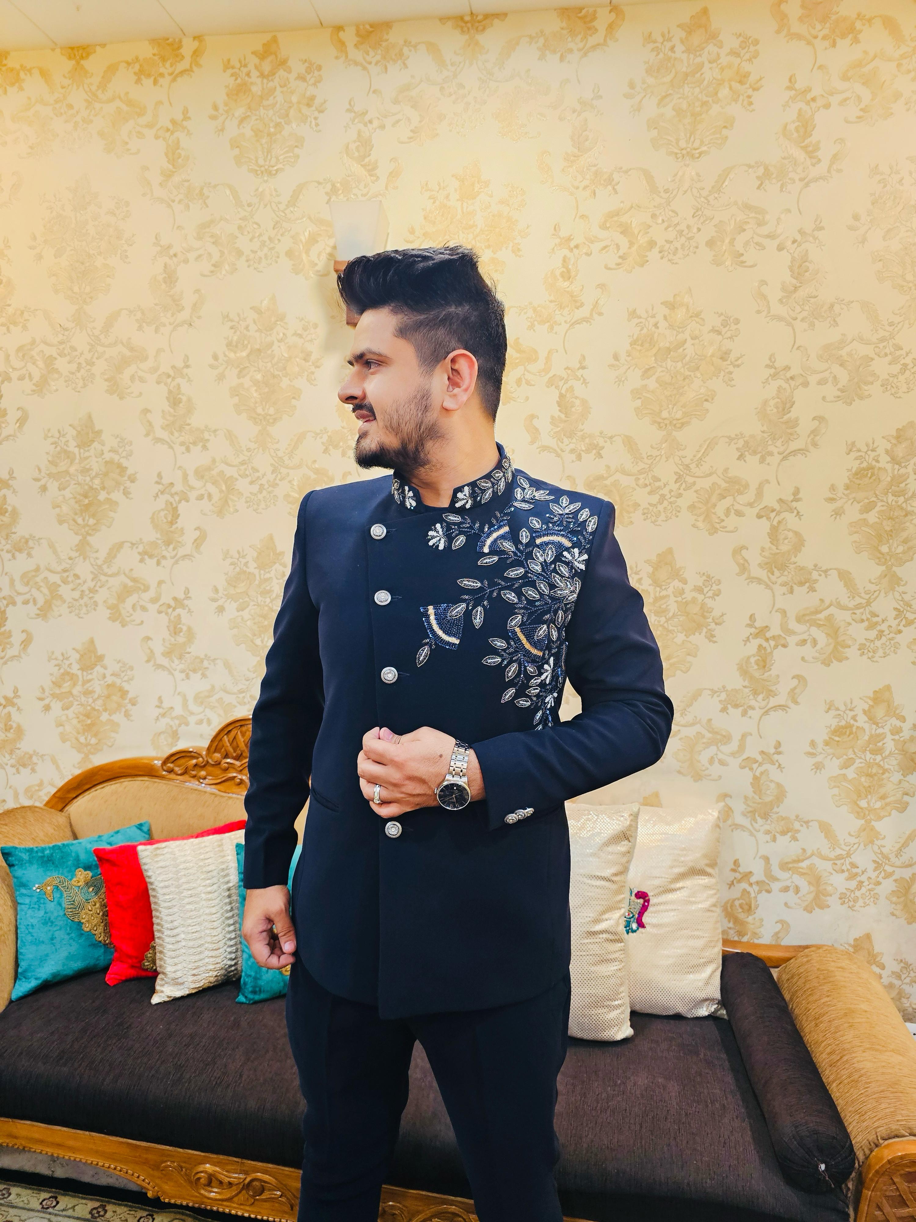 Menswear Navy Blue Angrakha Bandhgala With Pants
