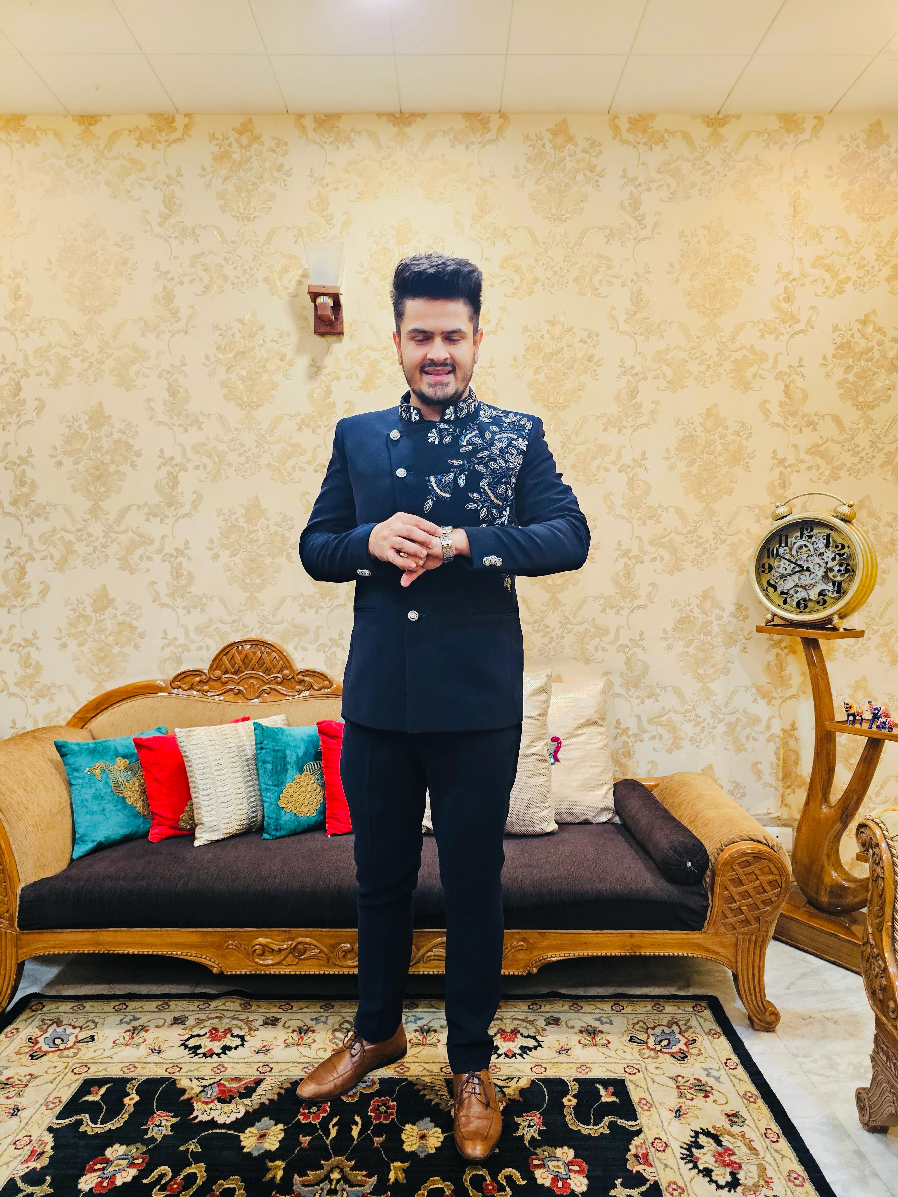 Menswear Navy Blue Angrakha Bandhgala With Pants