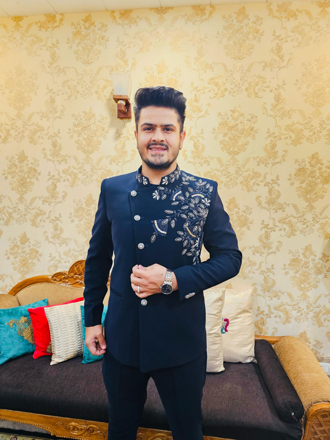 Menswear Navy Blue Angrakha Bandhgala With Pants