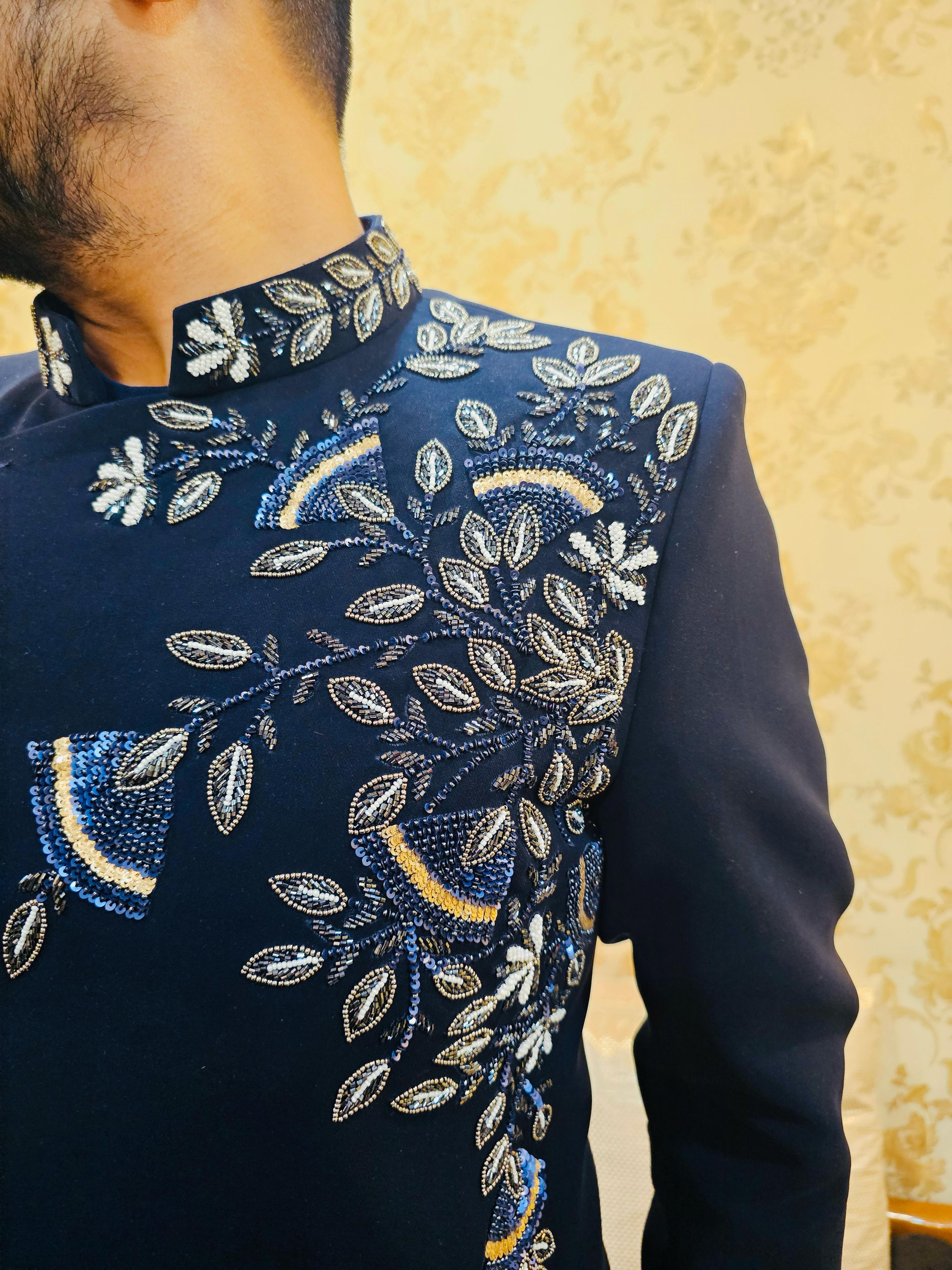Menswear Navy Blue Angrakha Bandhgala With Pants