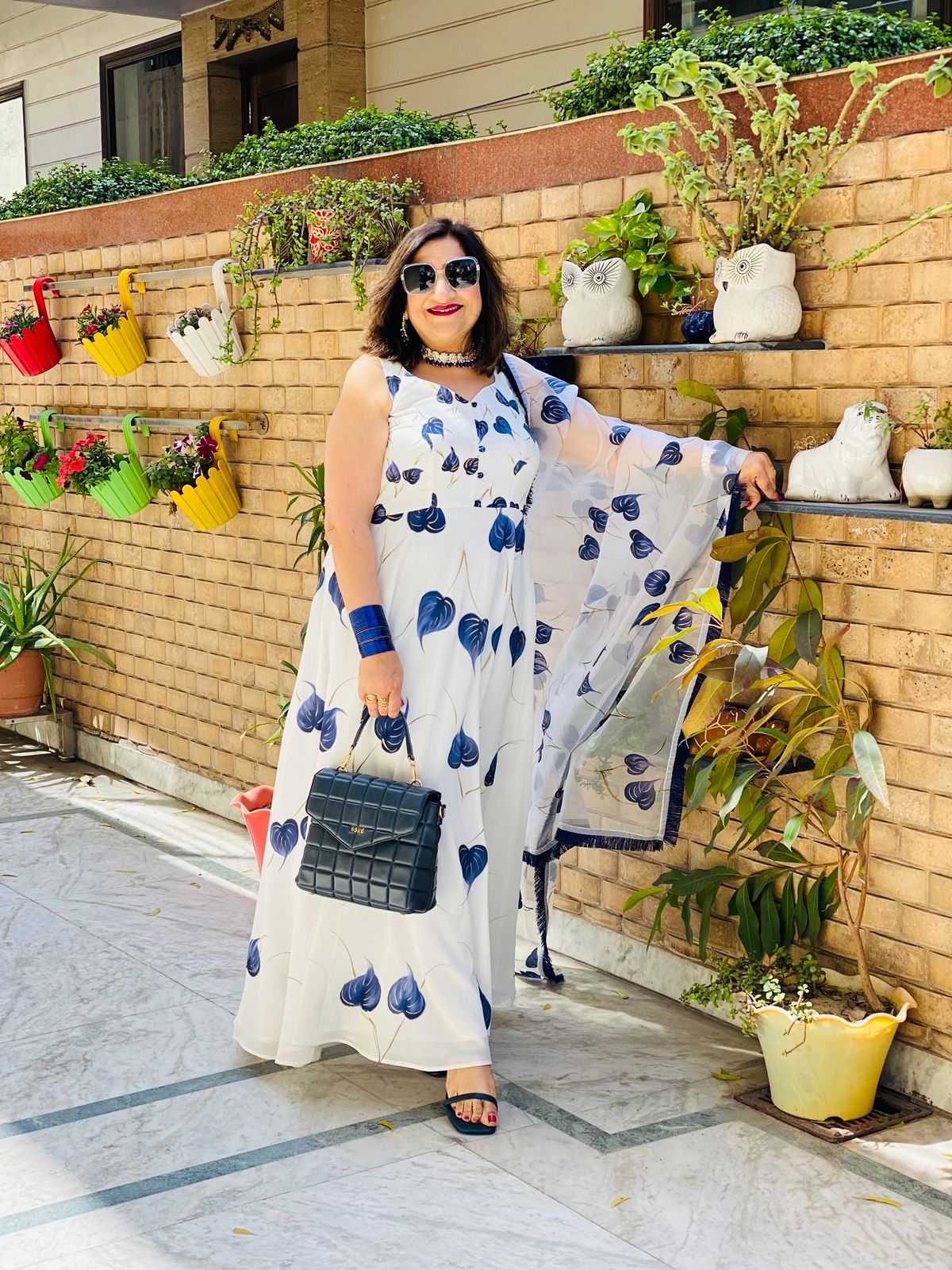 Blue White Leaf Handpainted Anarkali
