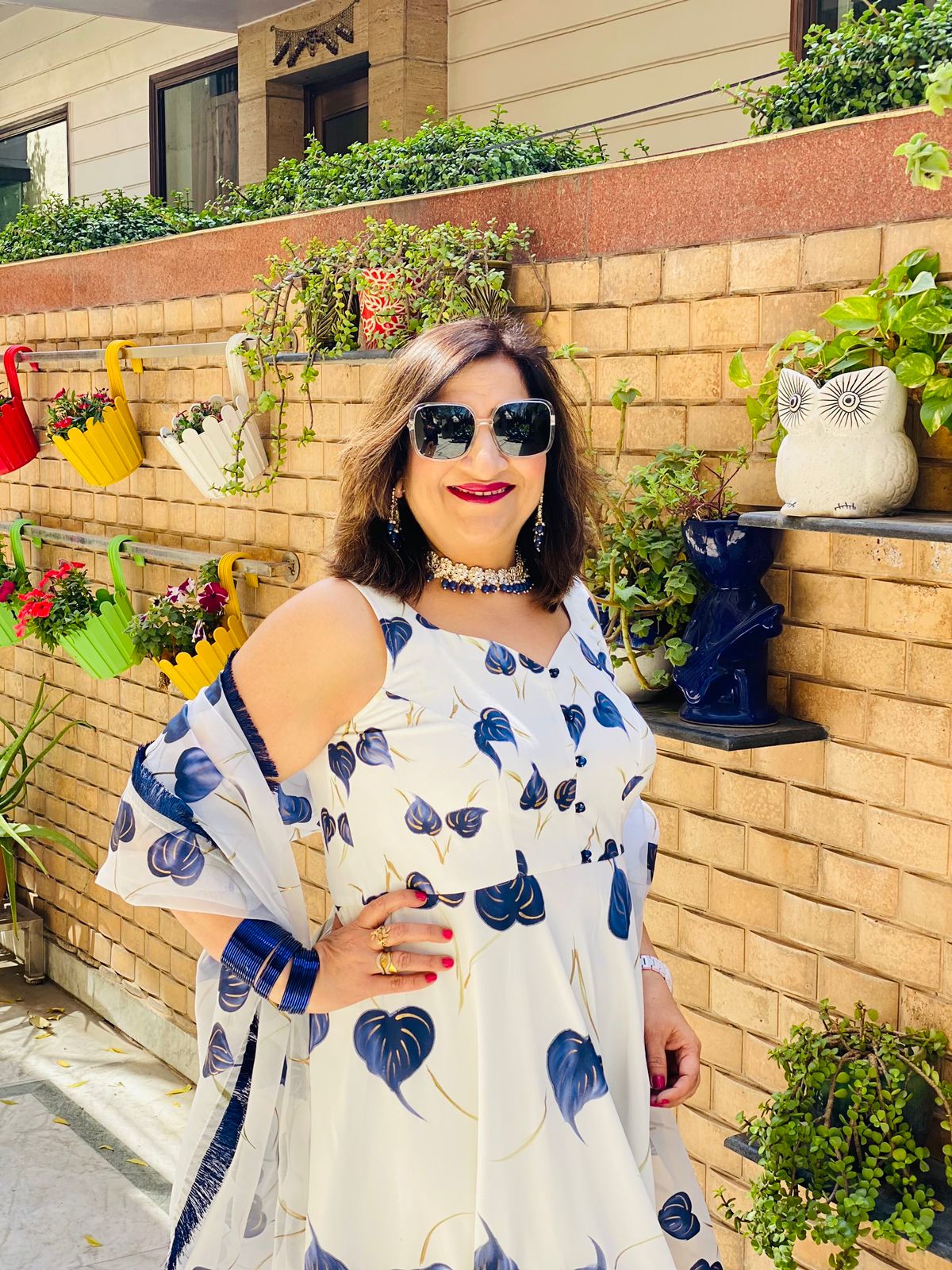 Blue White Leaf Handpainted Anarkali