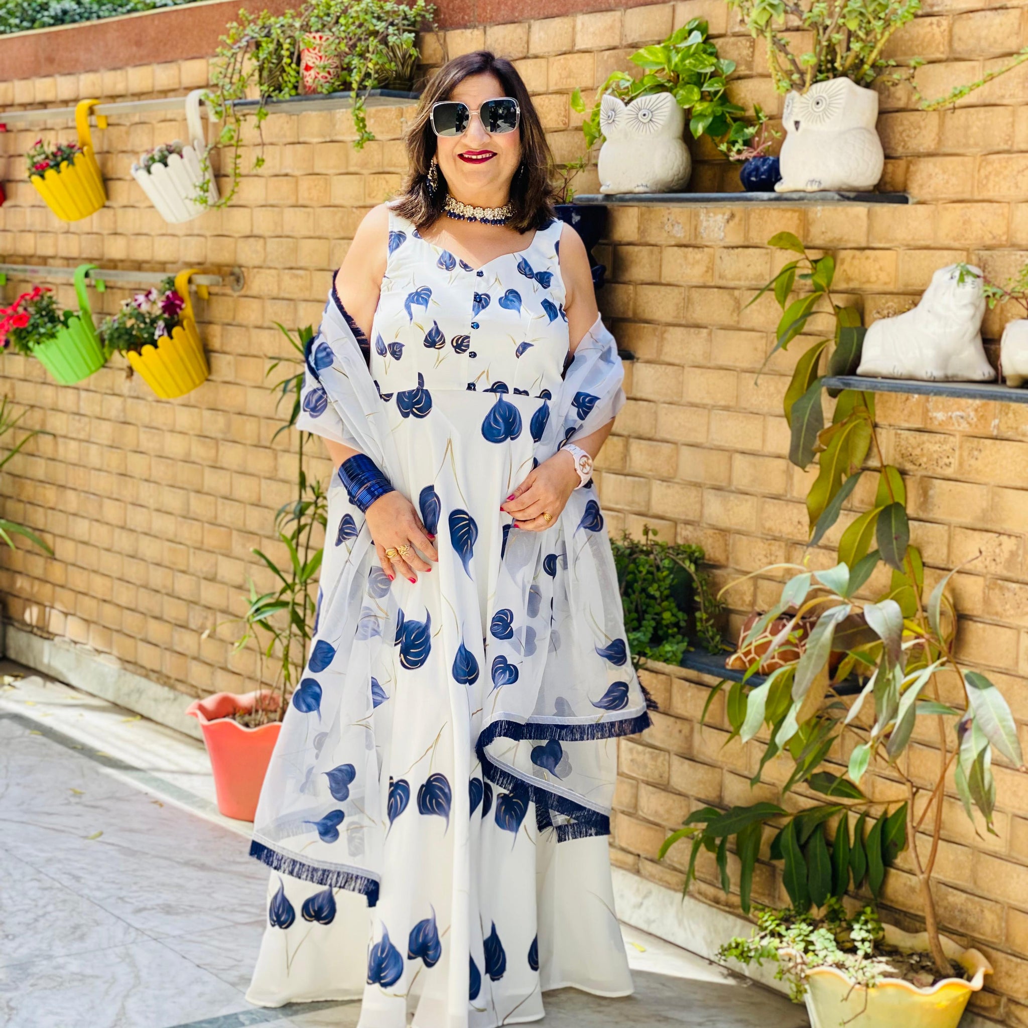 Blue White Leaf Handpainted Anarkali