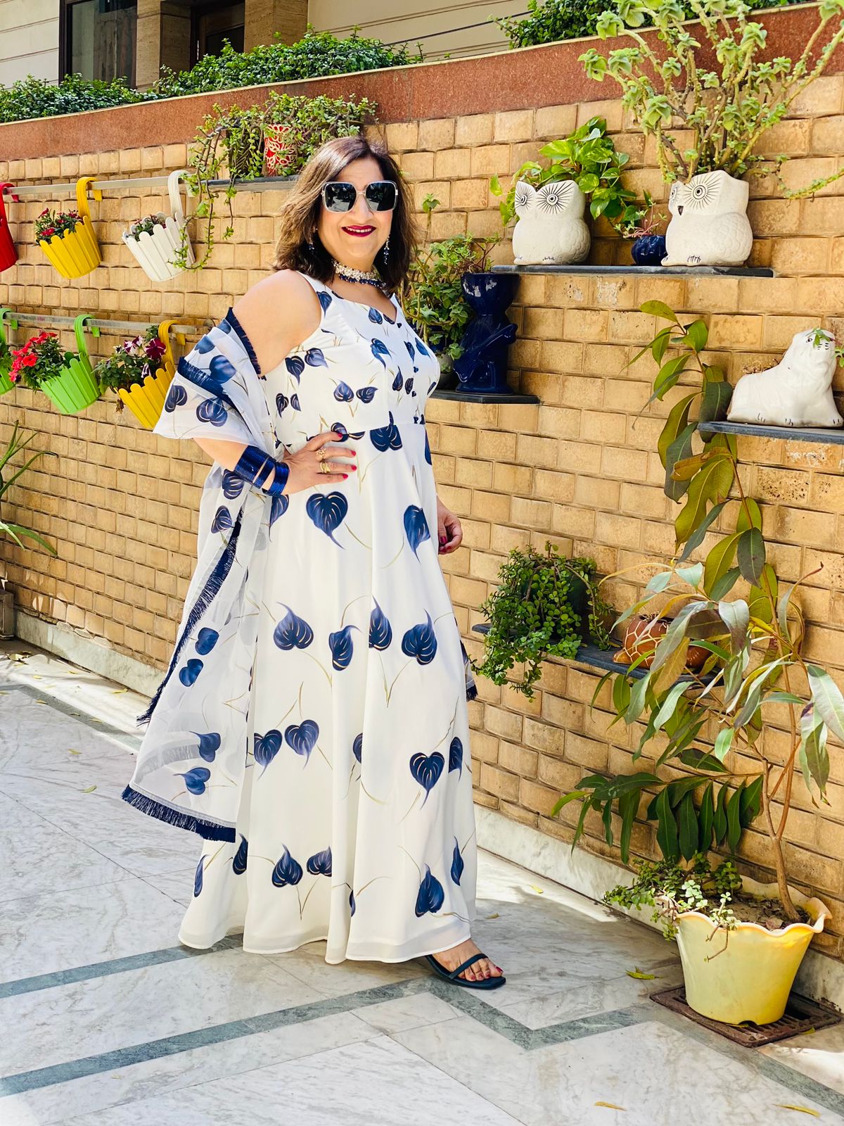 Blue White Leaf Handpainted Anarkali