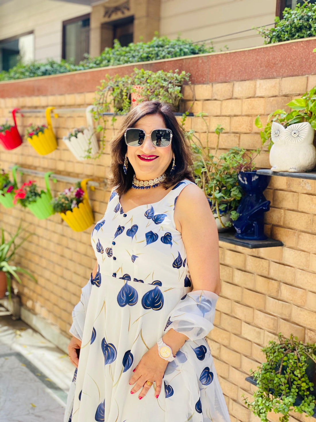 Blue White Leaf Handpainted Anarkali