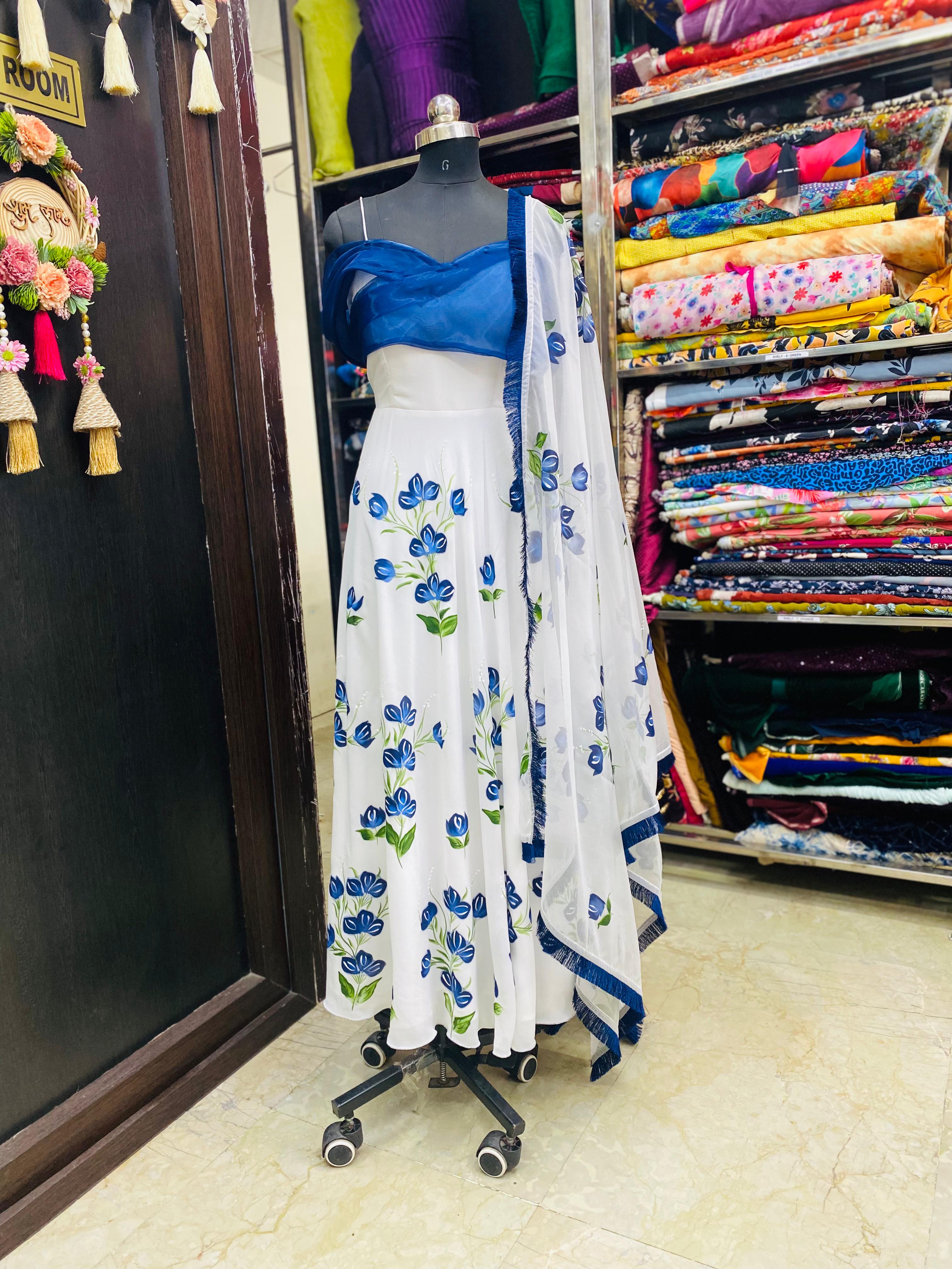 Blue Floral Hand Painted Anarkali
