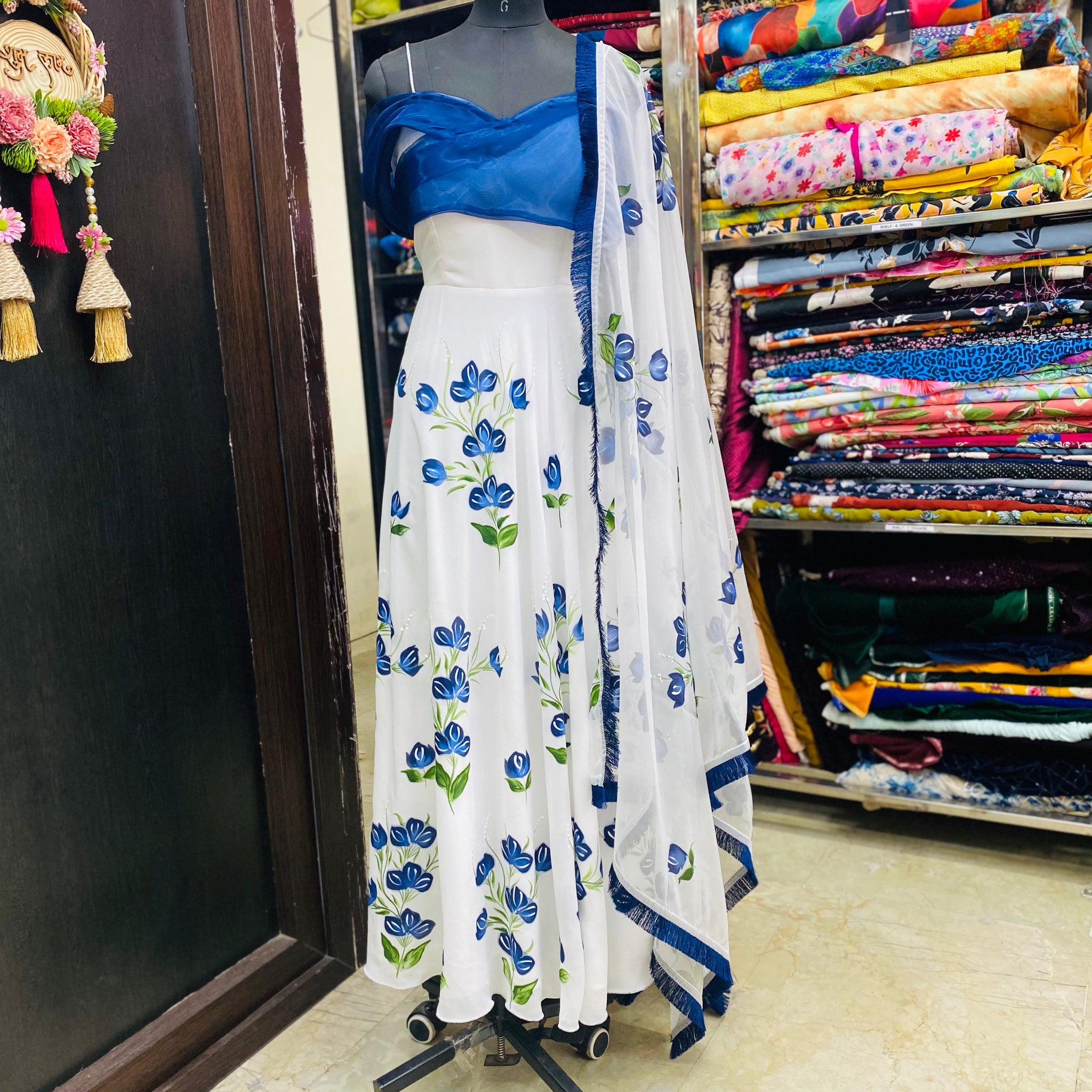 Blue Floral Hand Painted Anarkali
