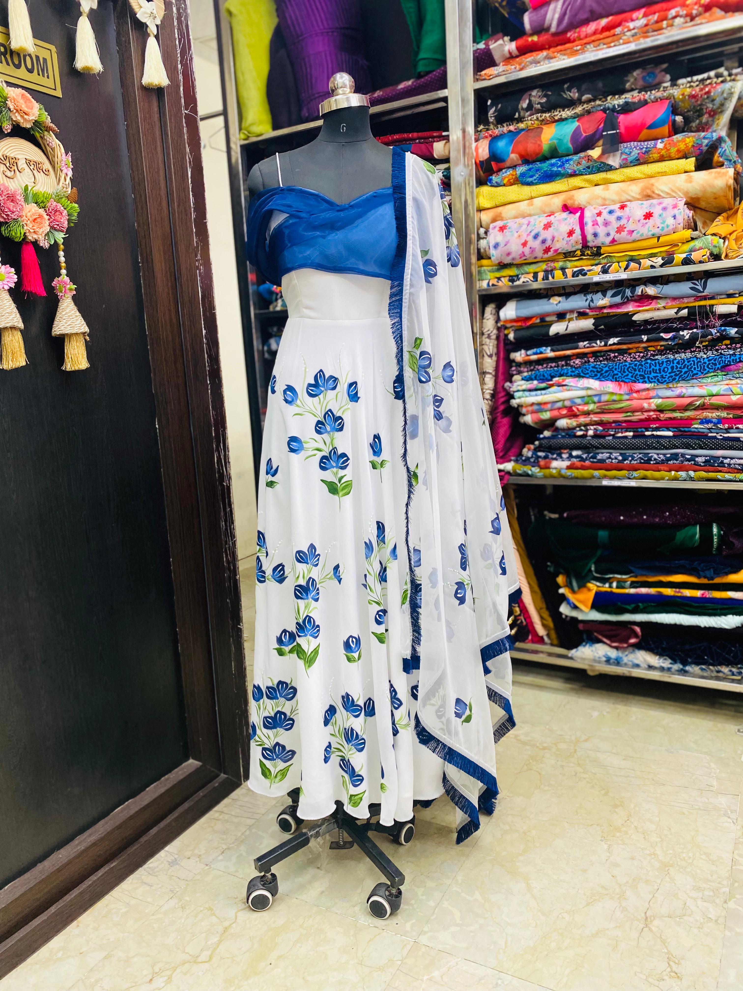 Blue Floral Hand Painted Anarkali