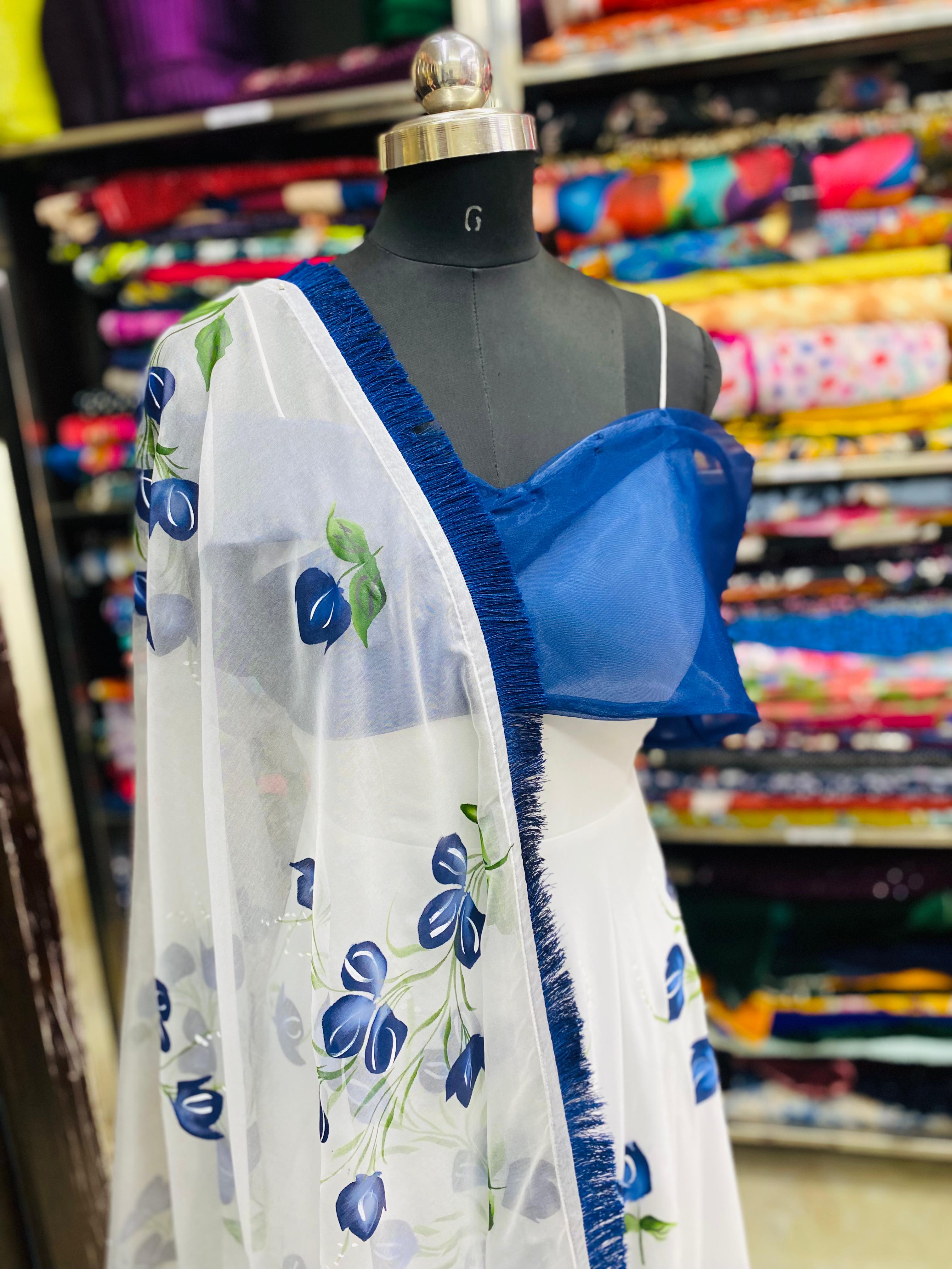 Blue Floral Hand Painted Anarkali