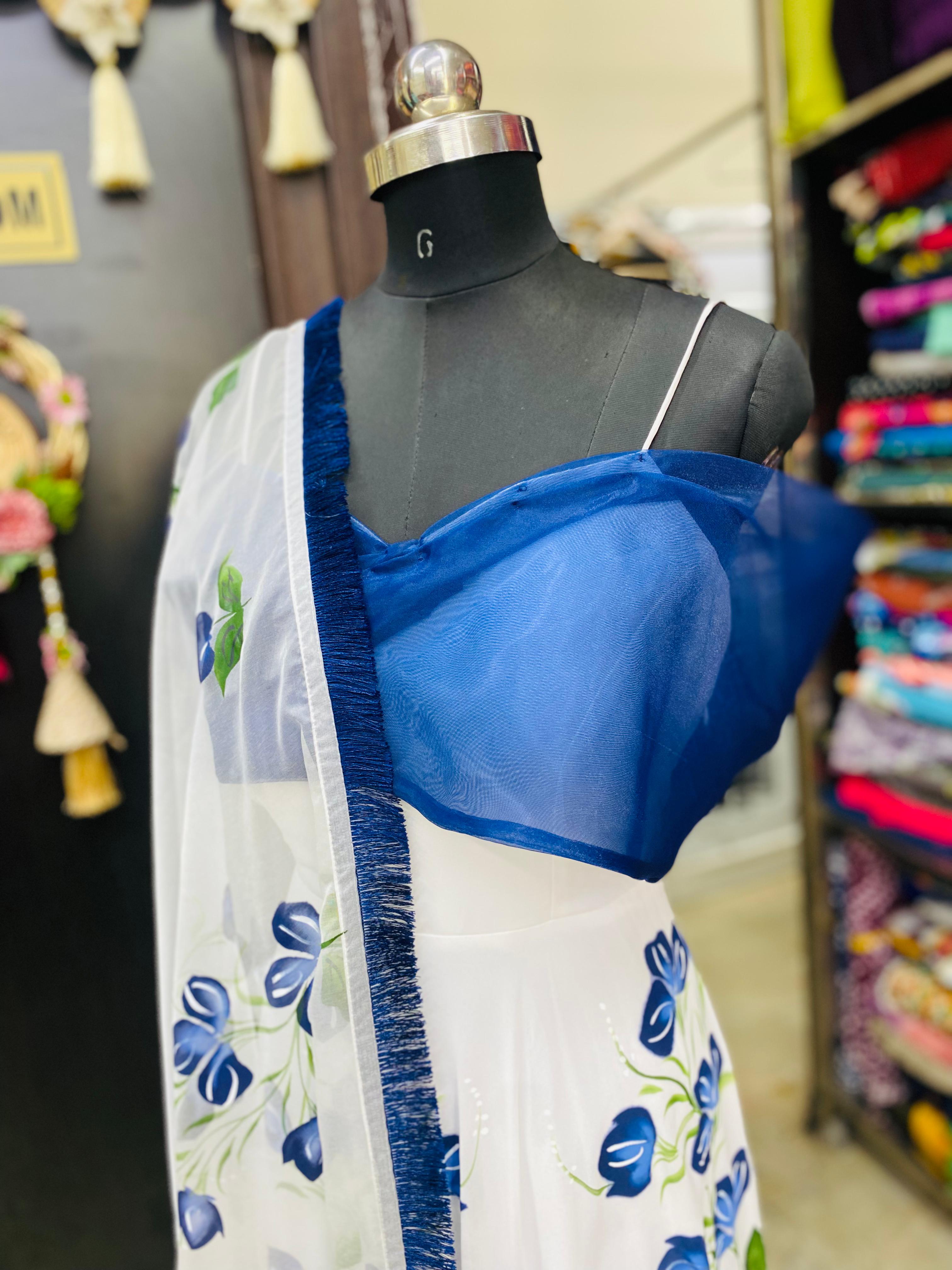 Blue Floral Hand Painted Anarkali