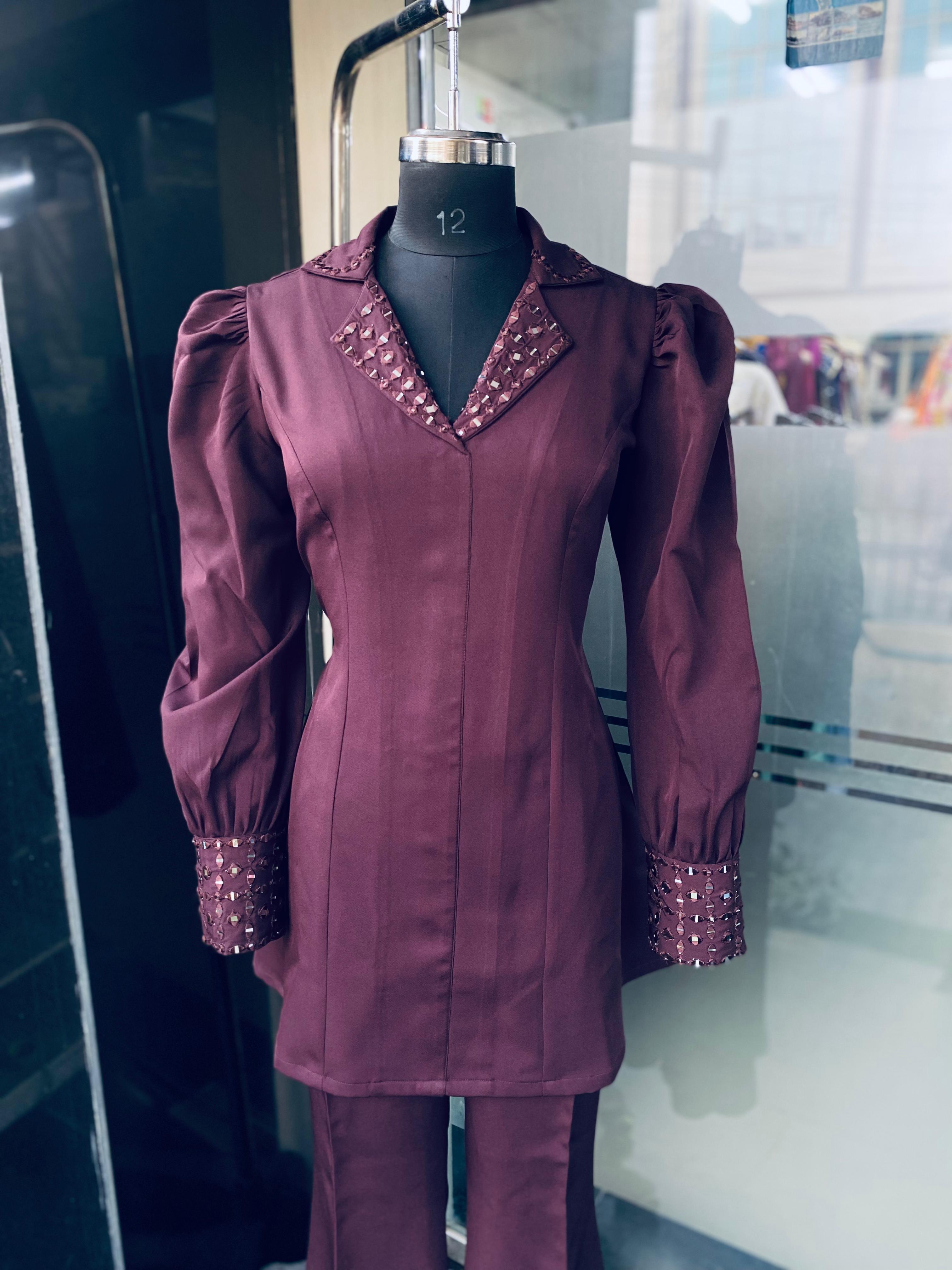 Wine Embroidered Formal Co-Ord