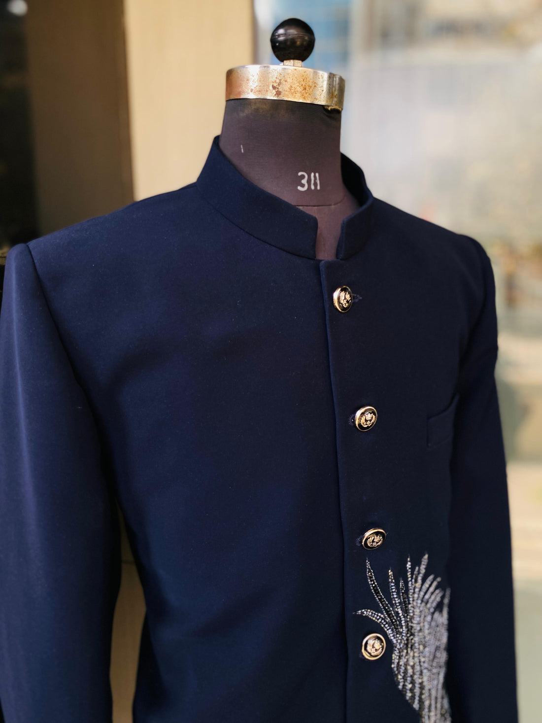 Menswear Navy Blue Embroidered Blazer Set