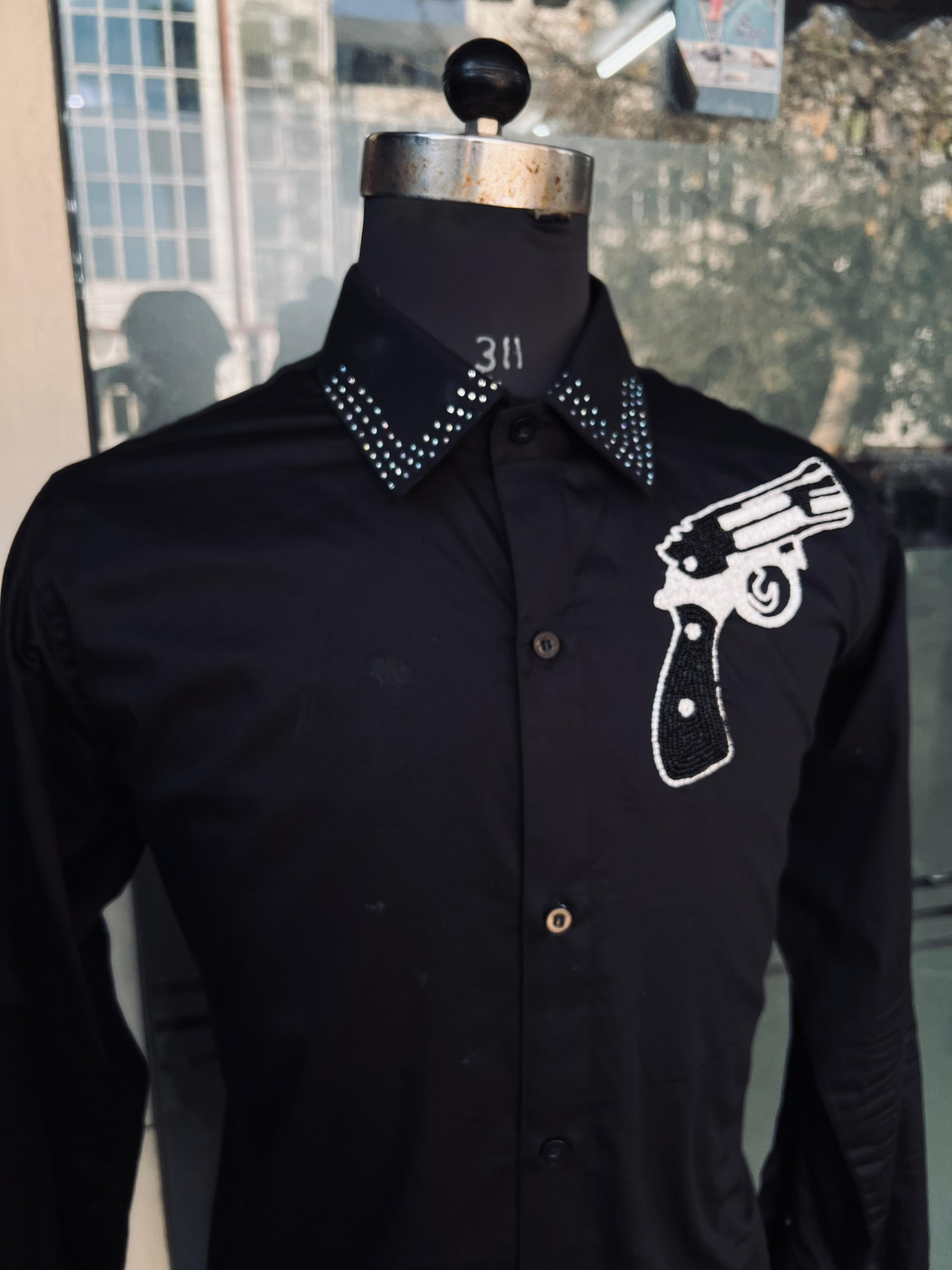 Menswear Black Embroidered Pistol Shirt