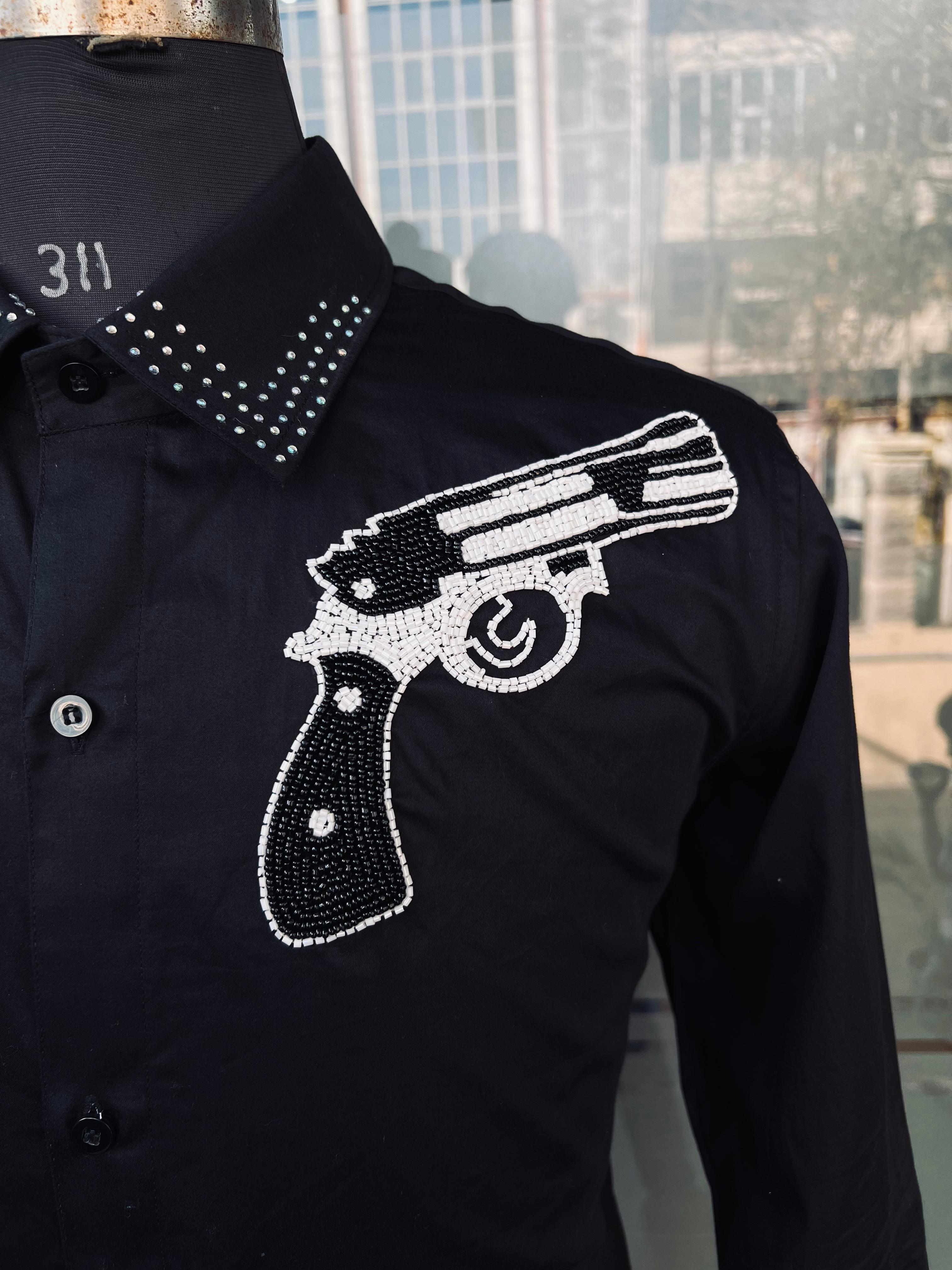 Menswear Black Embroidered Pistol Shirt