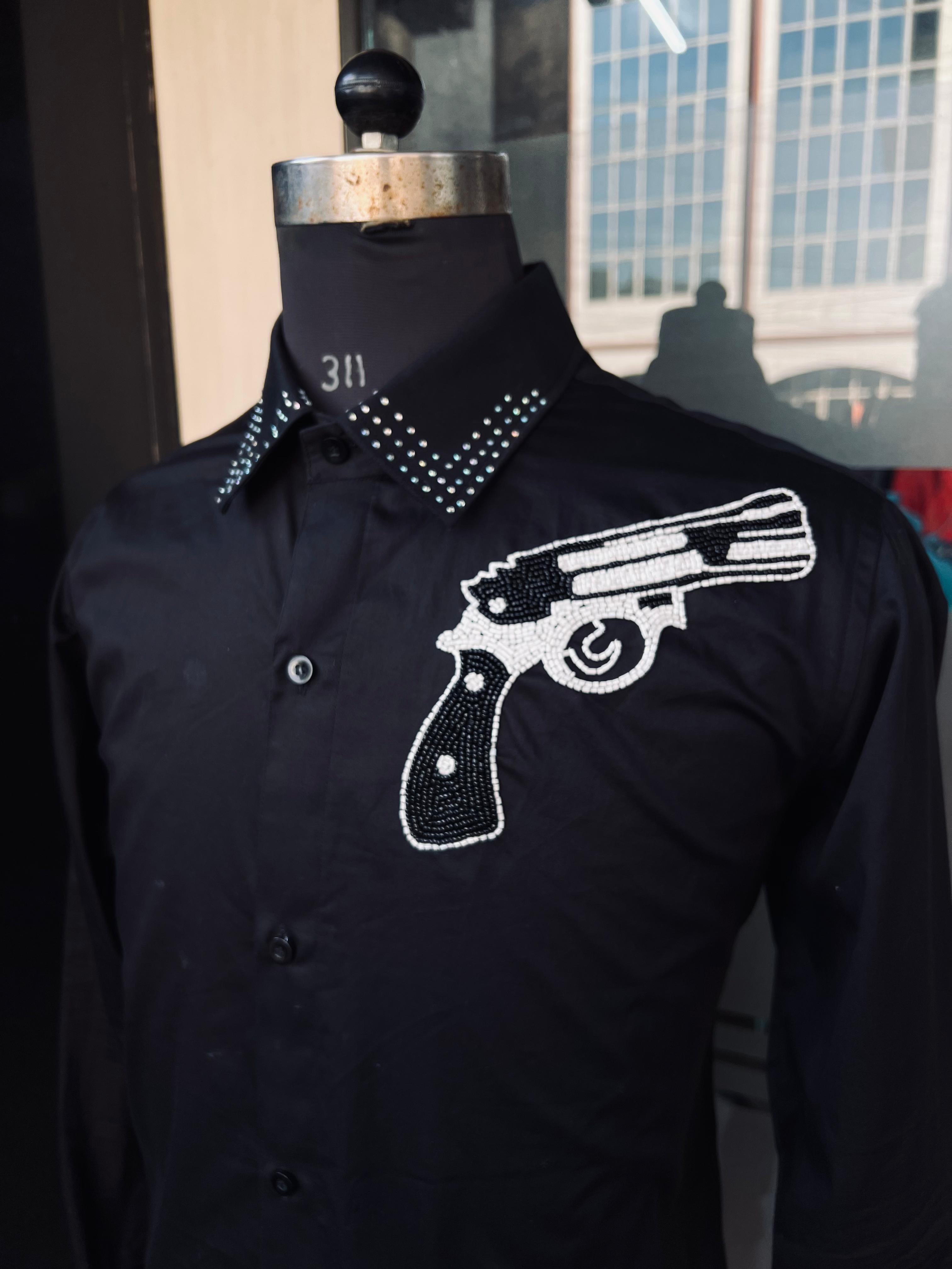 Menswear Black Embroidered Pistol Shirt