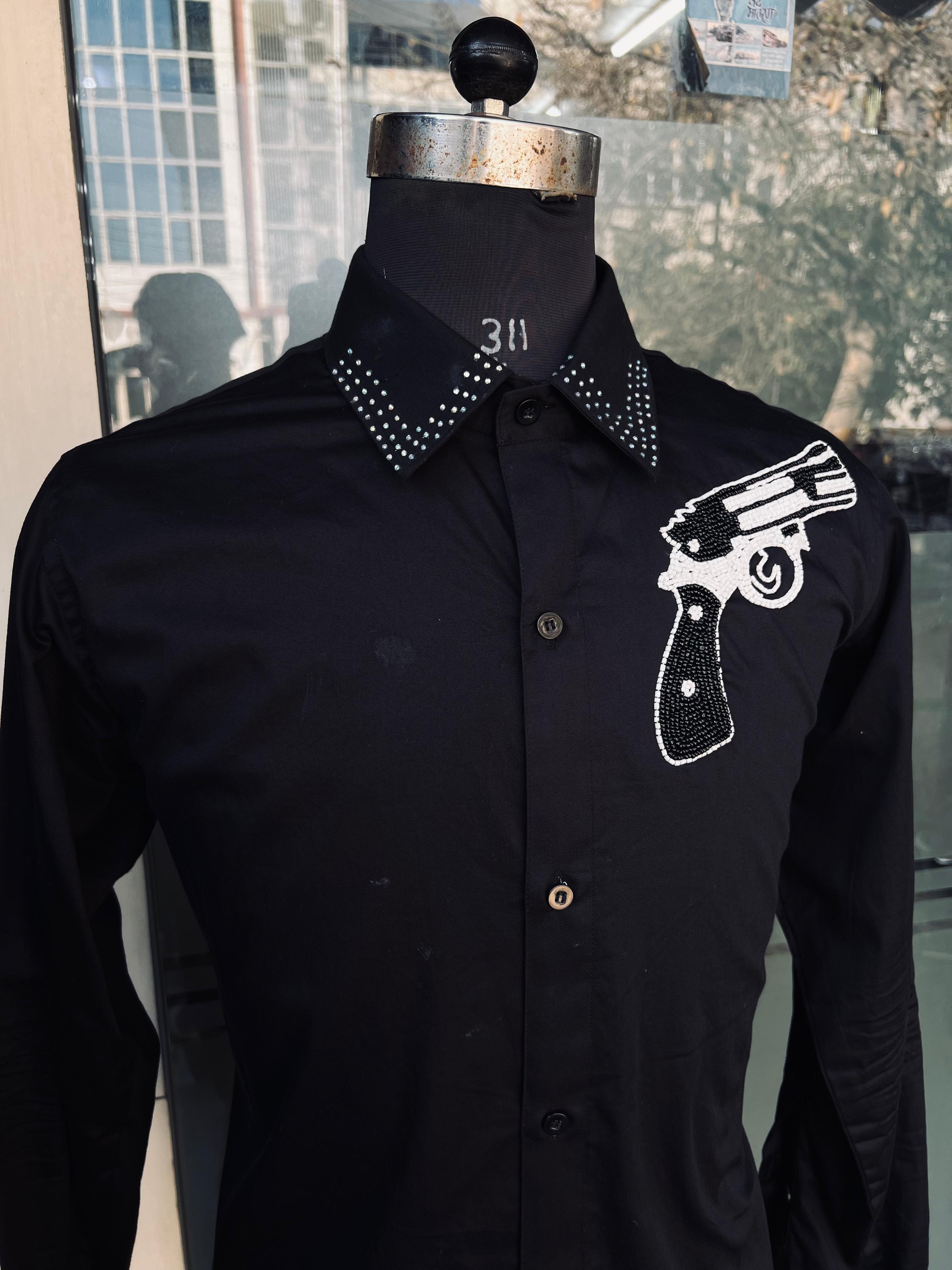 Menswear Black Embroidered Pistol Shirt