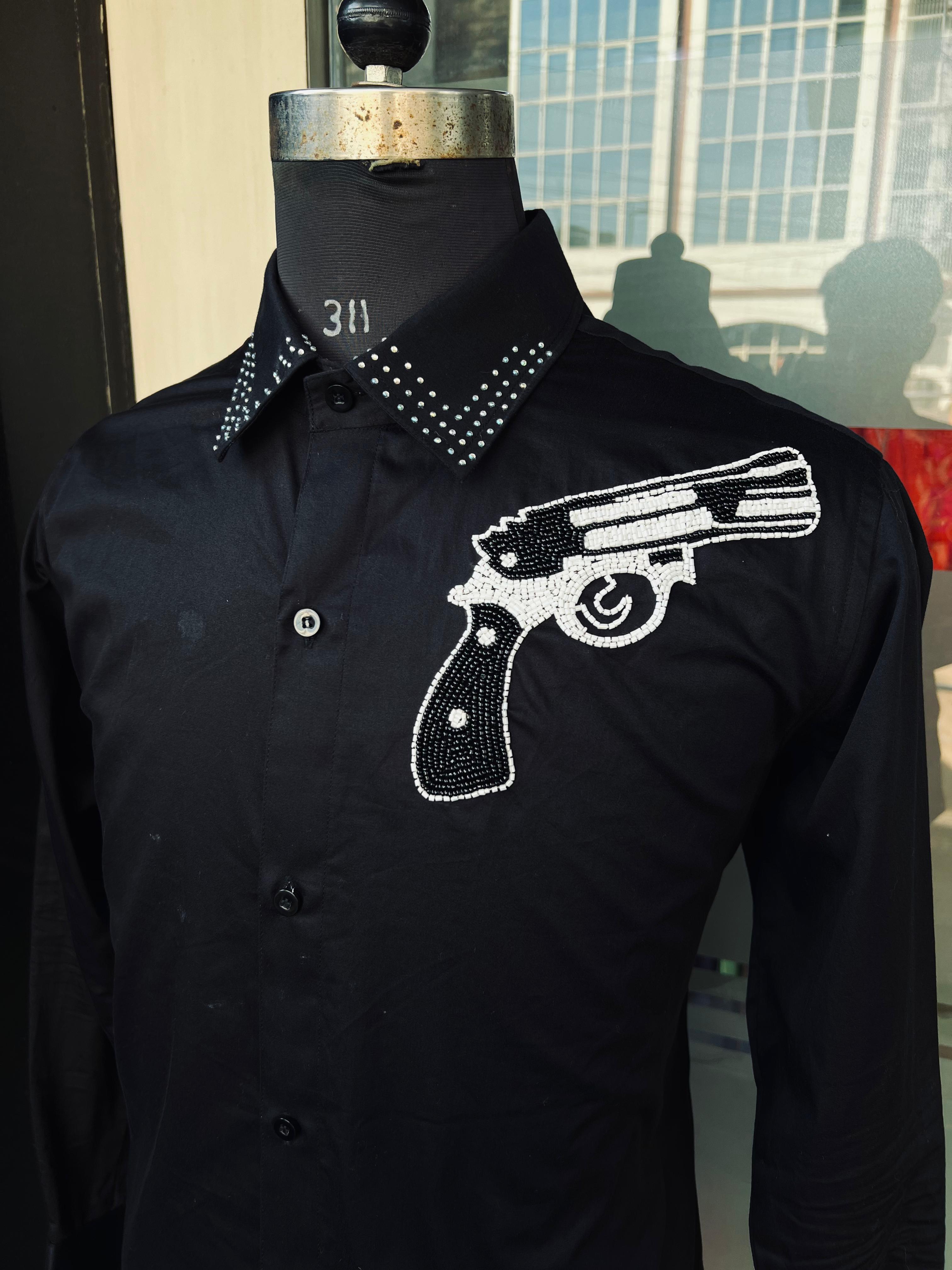 Menswear Black Embroidered Pistol Shirt
