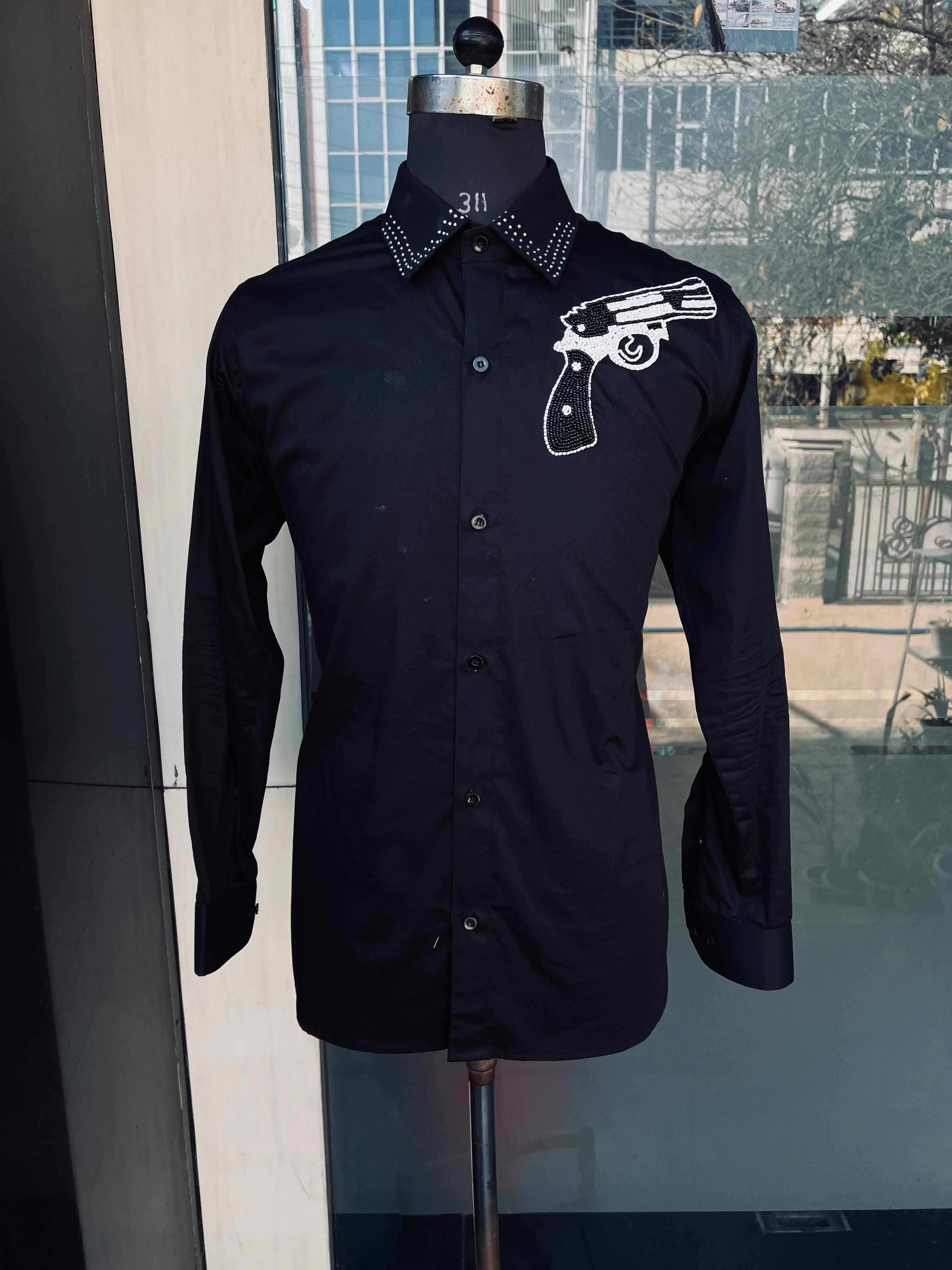 Menswear Black Embroidered Pistol Shirt