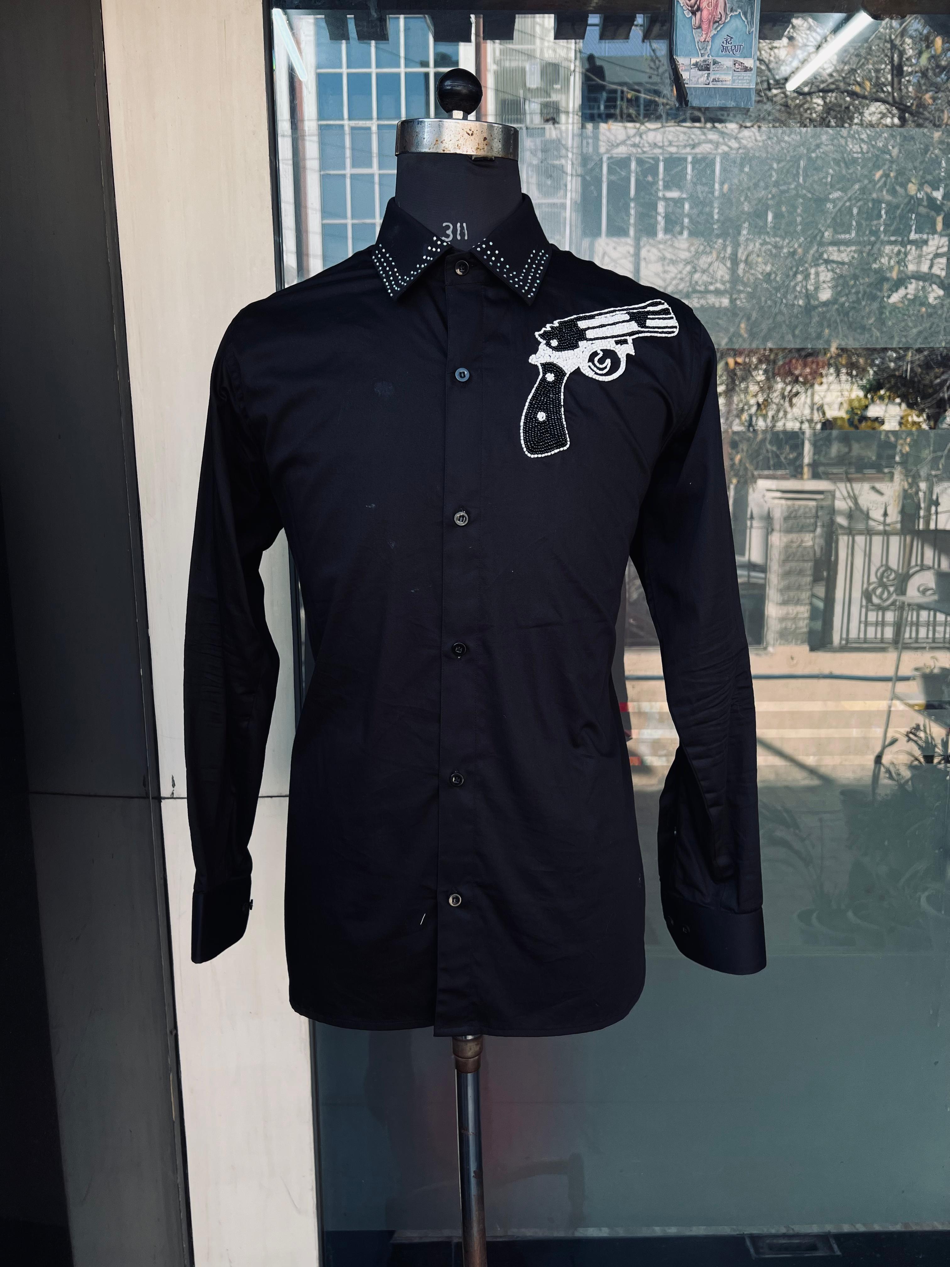 Menswear Black Embroidered Pistol Shirt