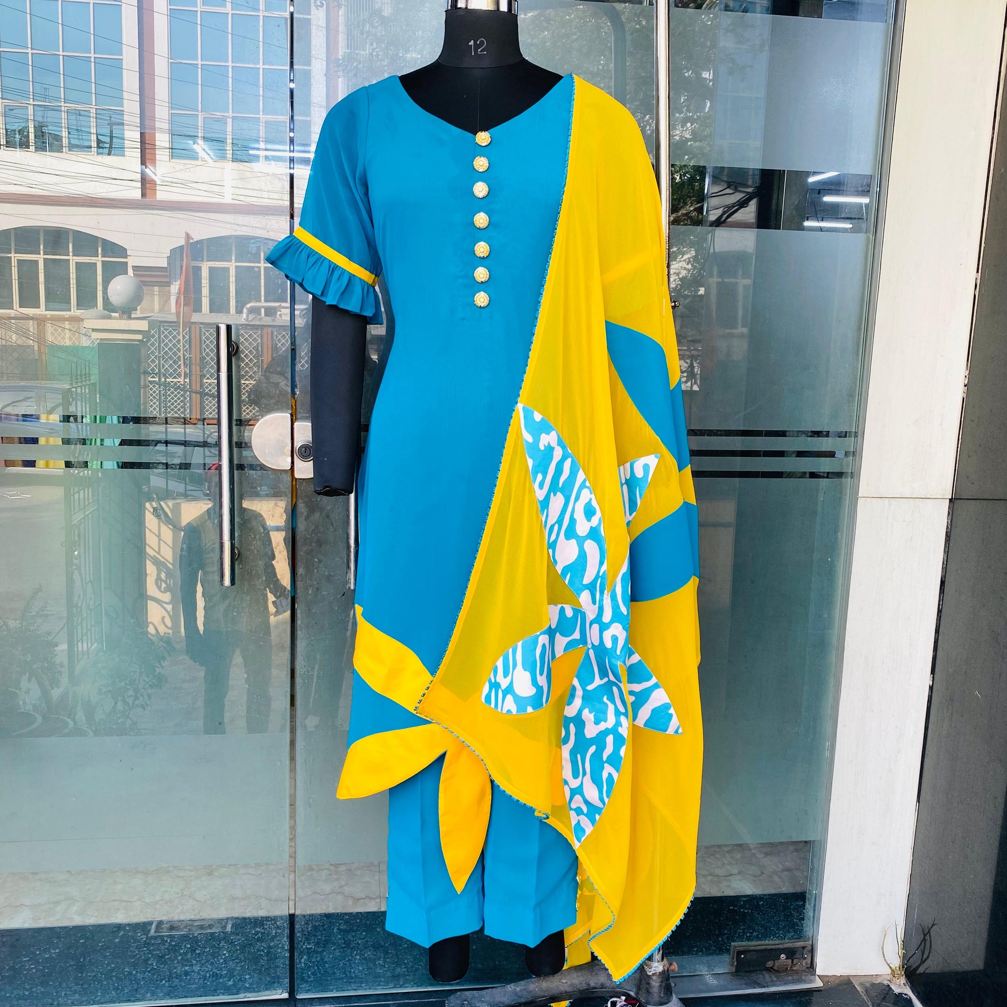 Turquoise Yellow Flower Suit