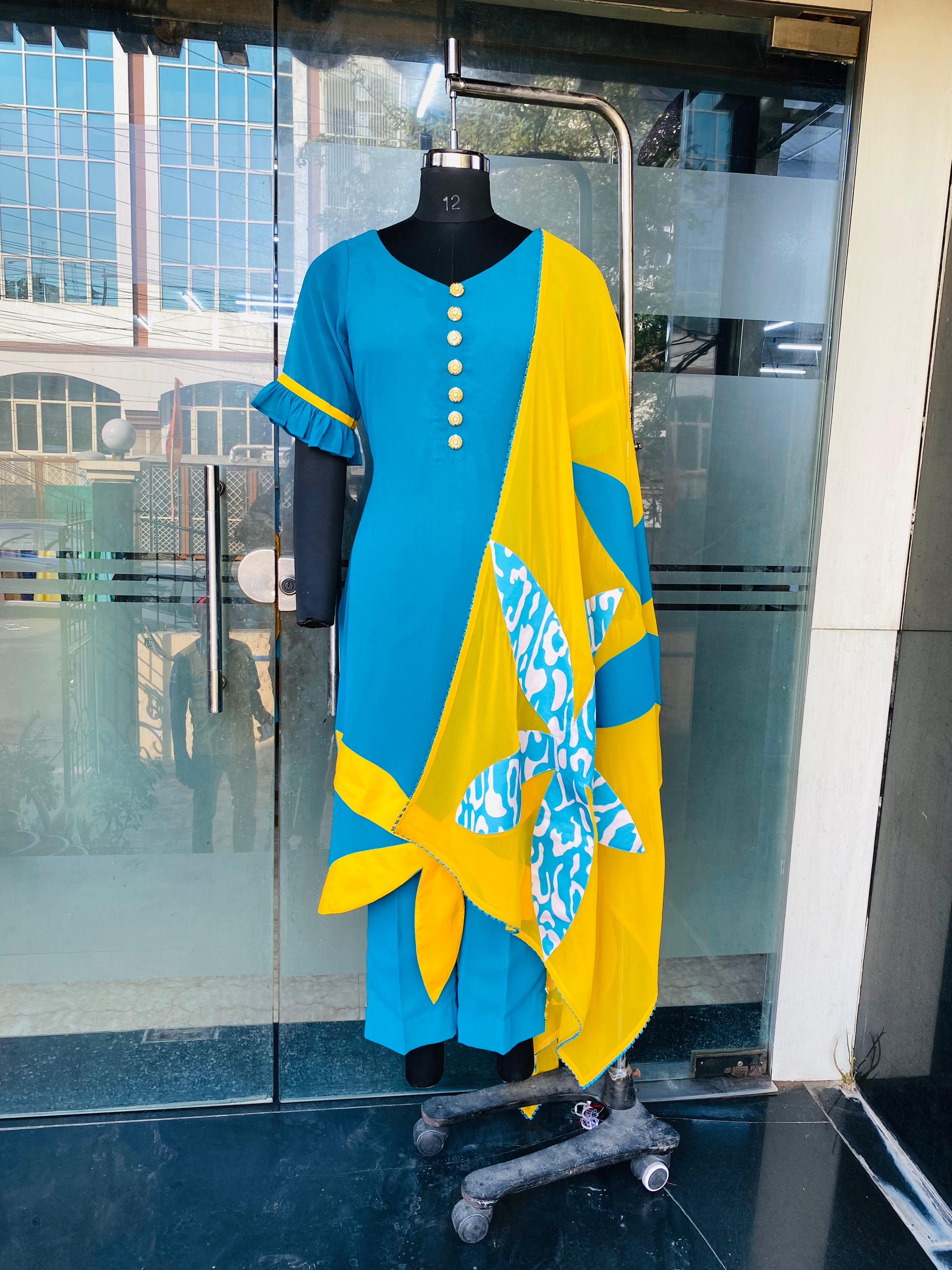 Turquoise Yellow Flower Suit