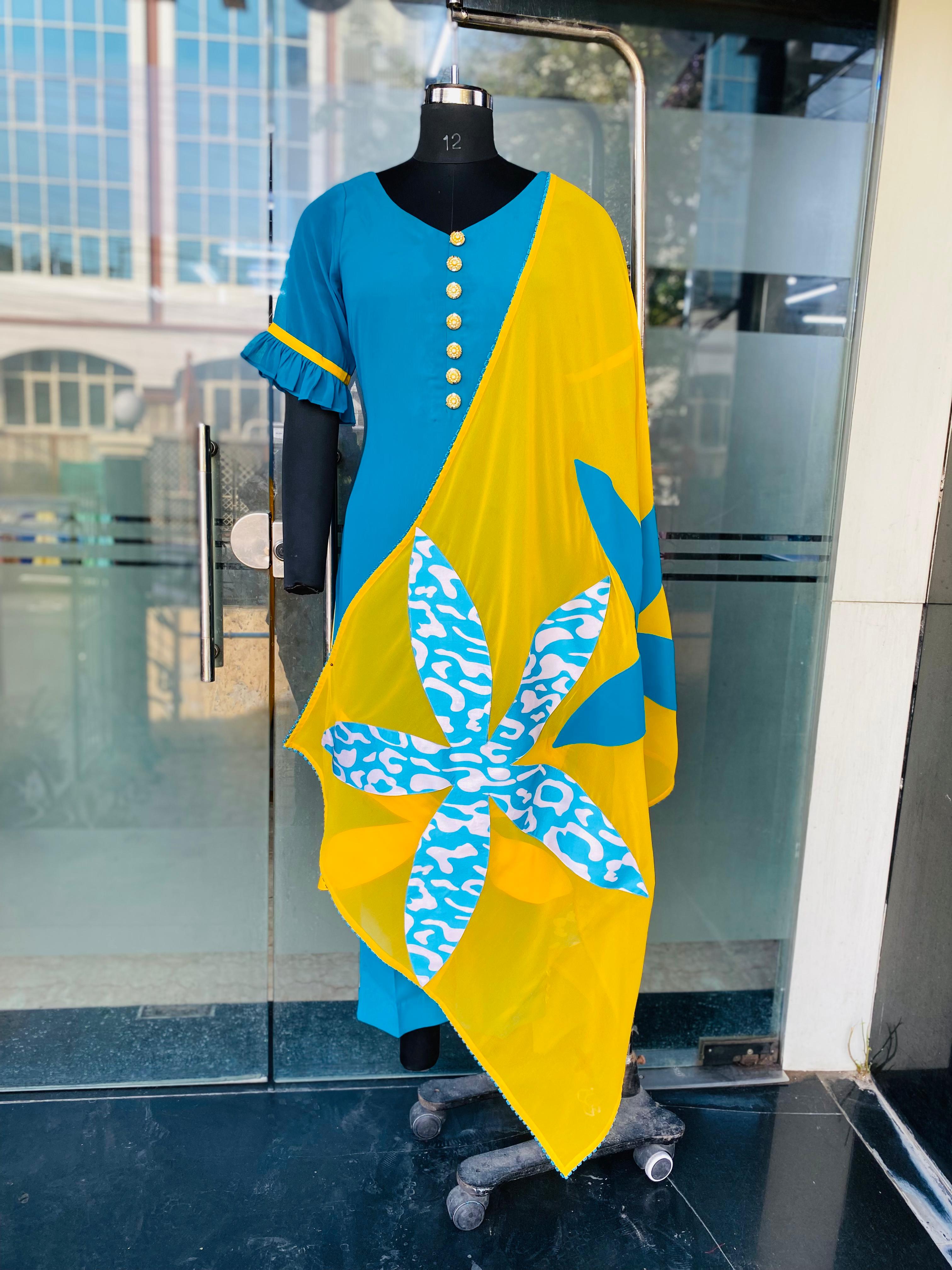 Turquoise Yellow Flower Suit