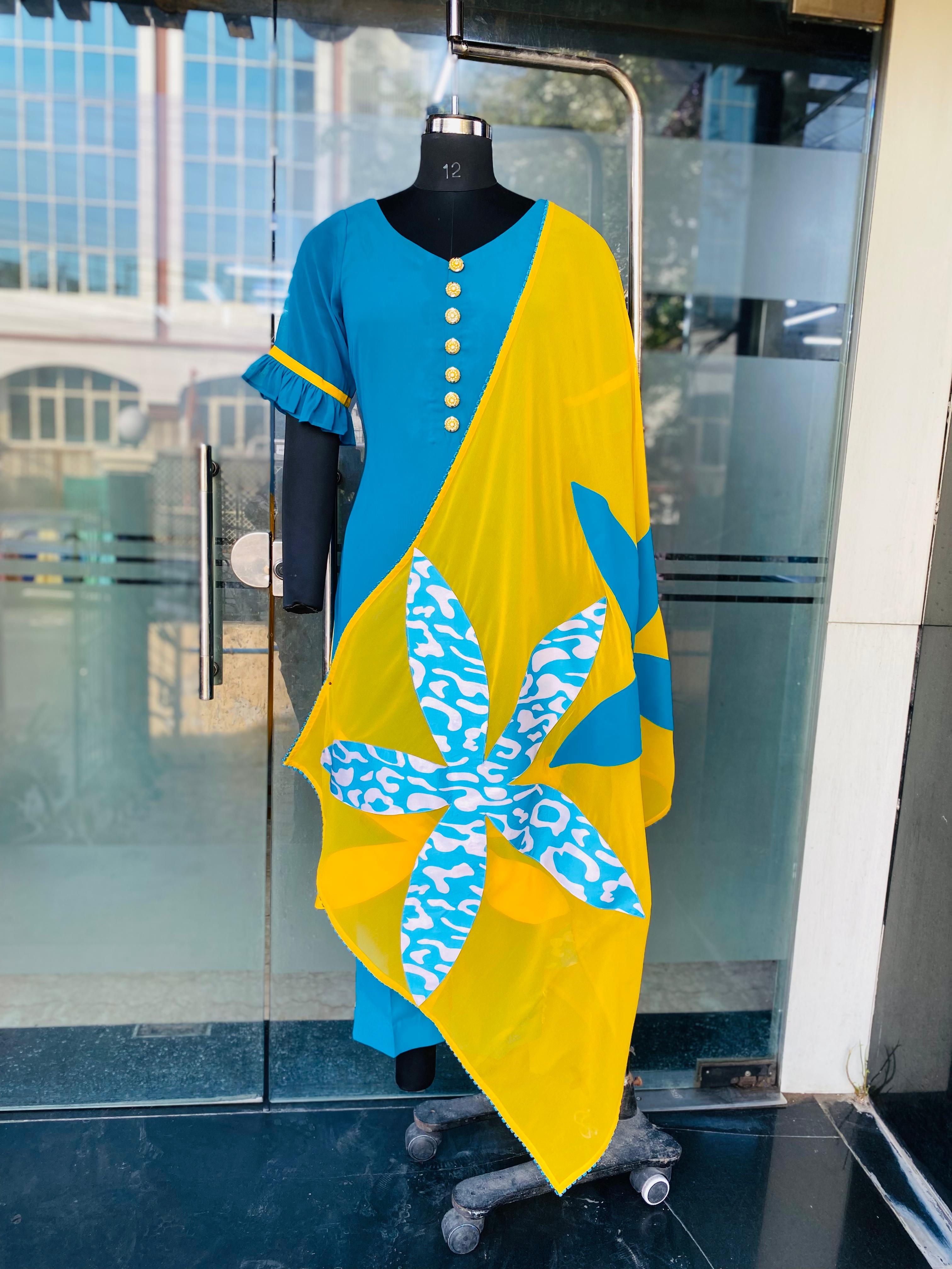 Turquoise Yellow Flower Suit