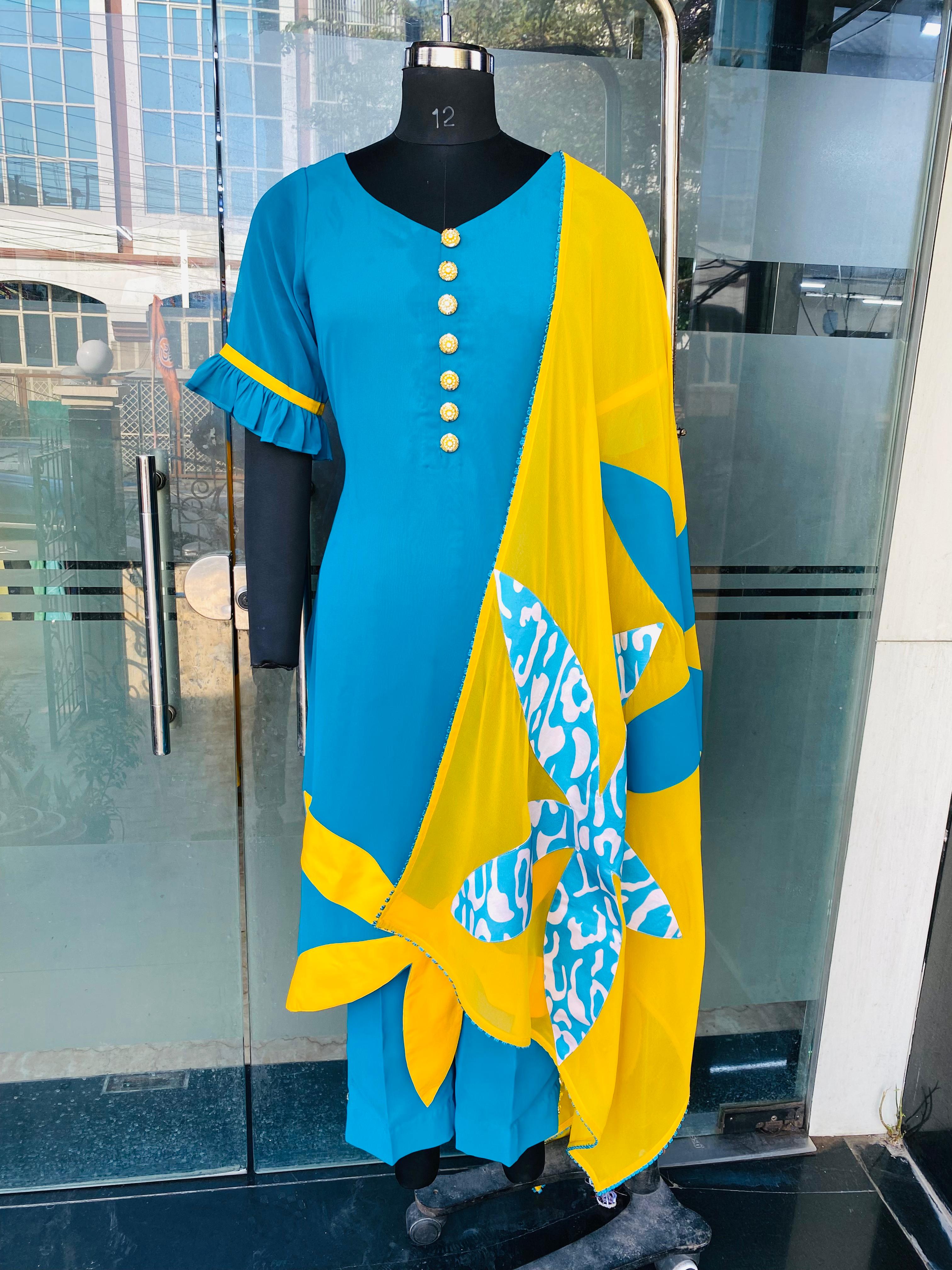 Turquoise Yellow Flower Suit