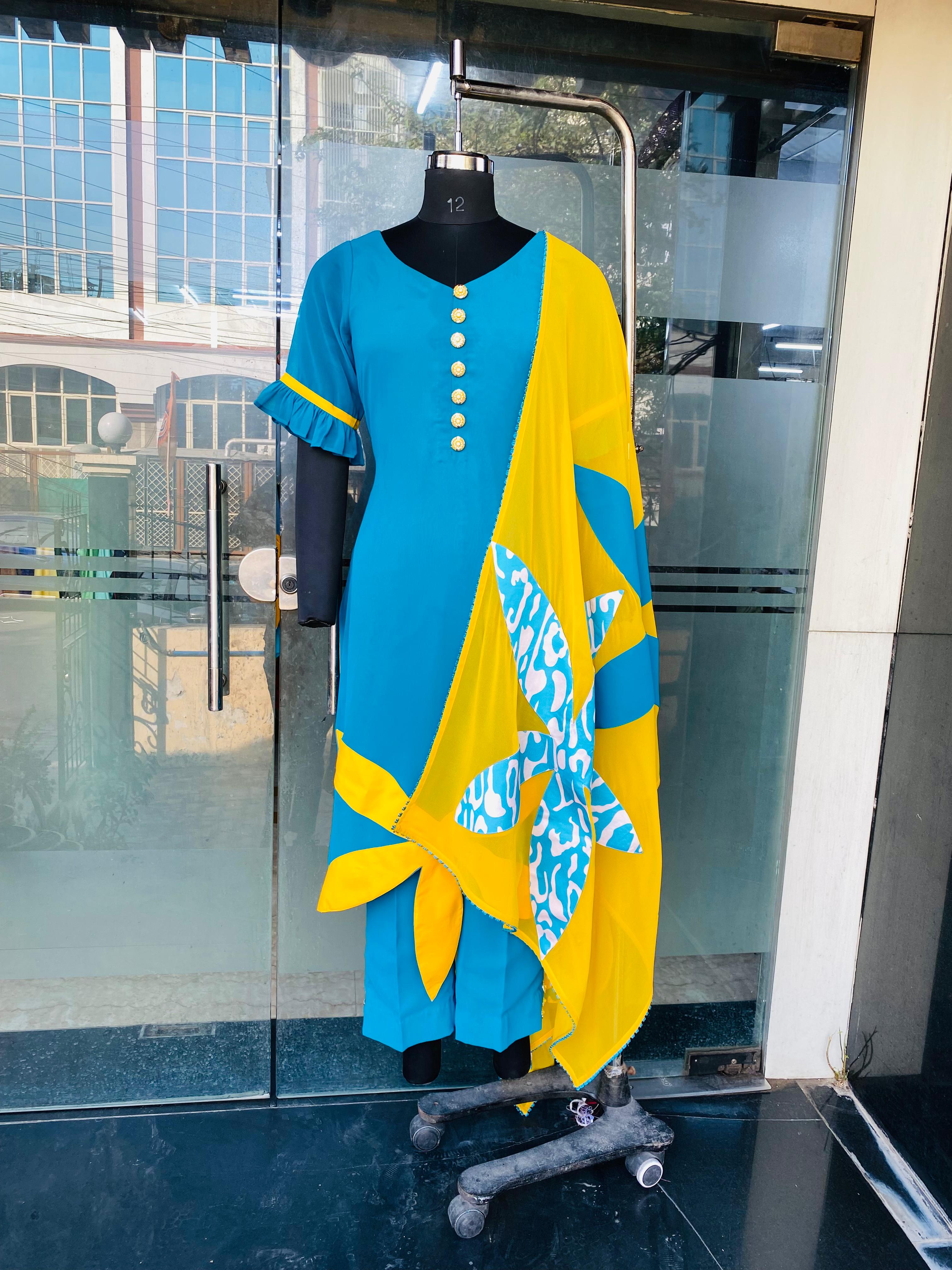 Turquoise Yellow Flower Suit