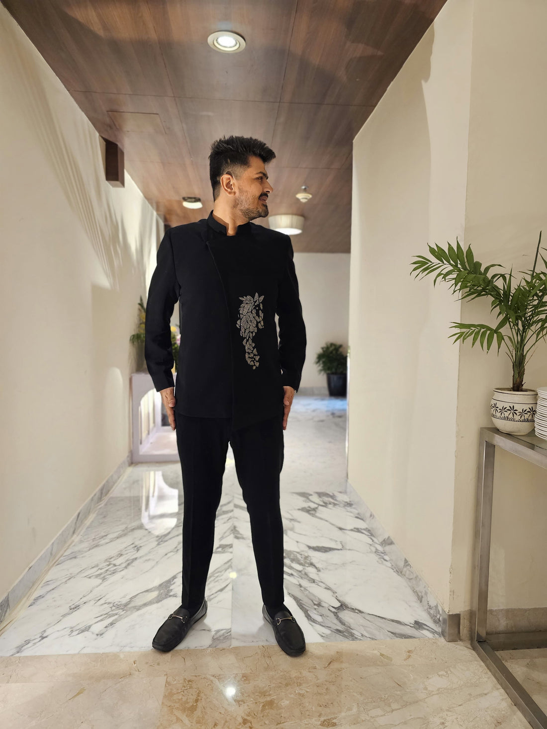 Menswear Black Angrakha Bandhgala With Pants