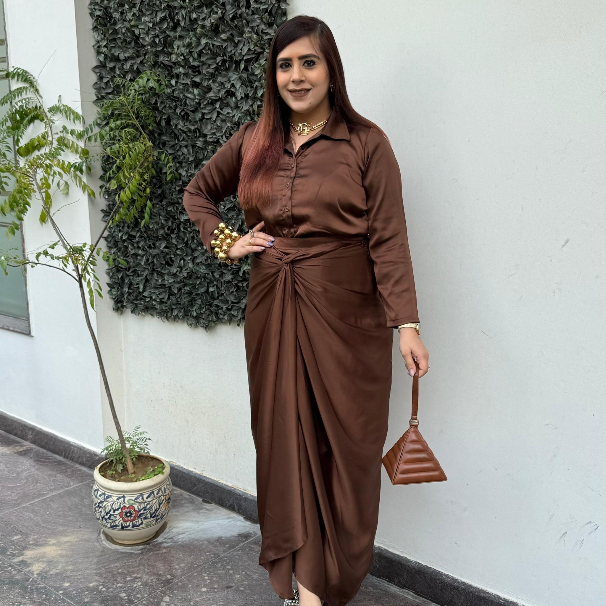 Brown Dubai Drape Skirt Co-Ord