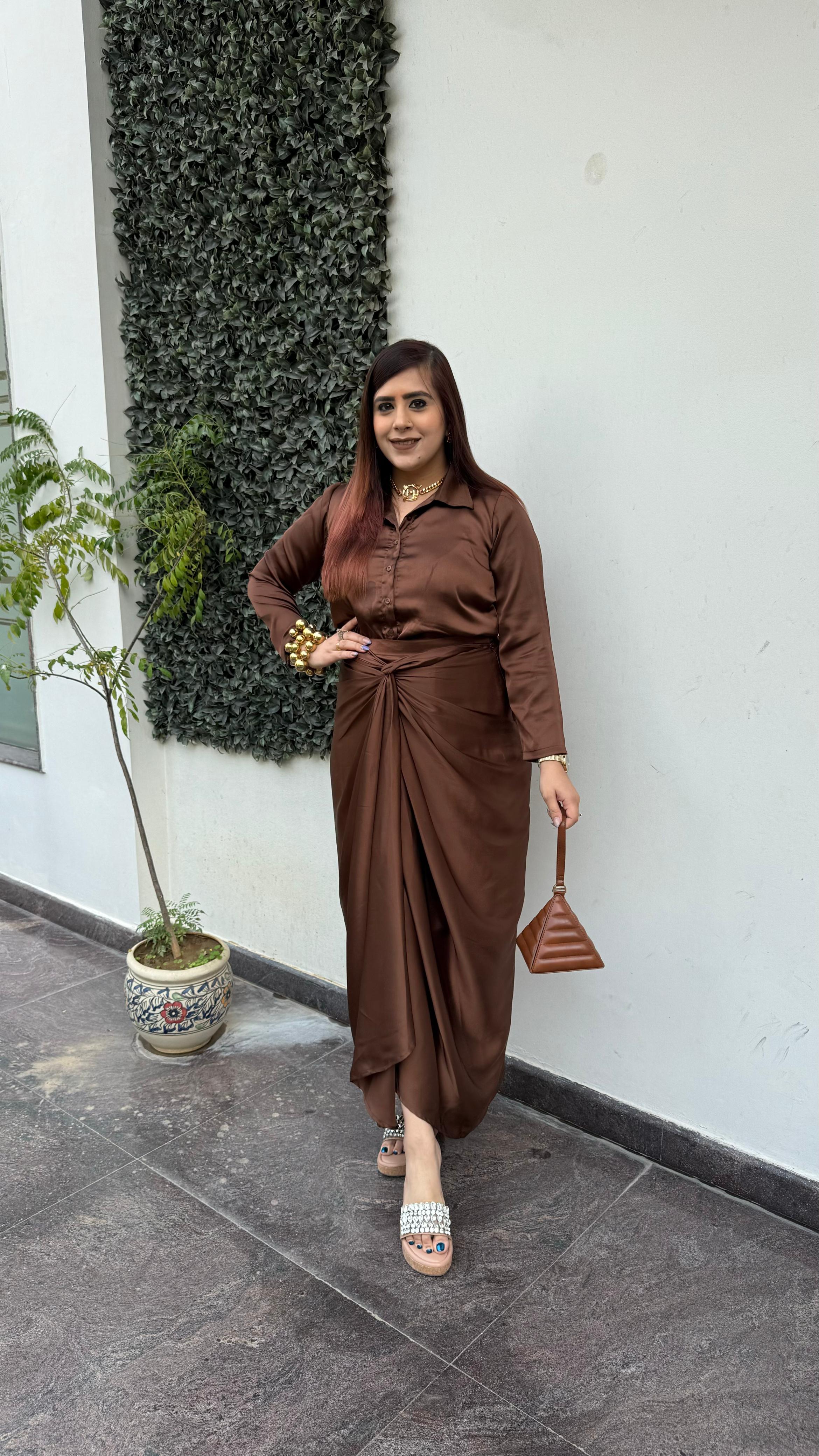 Brown Dubai Drape Skirt Co-Ord