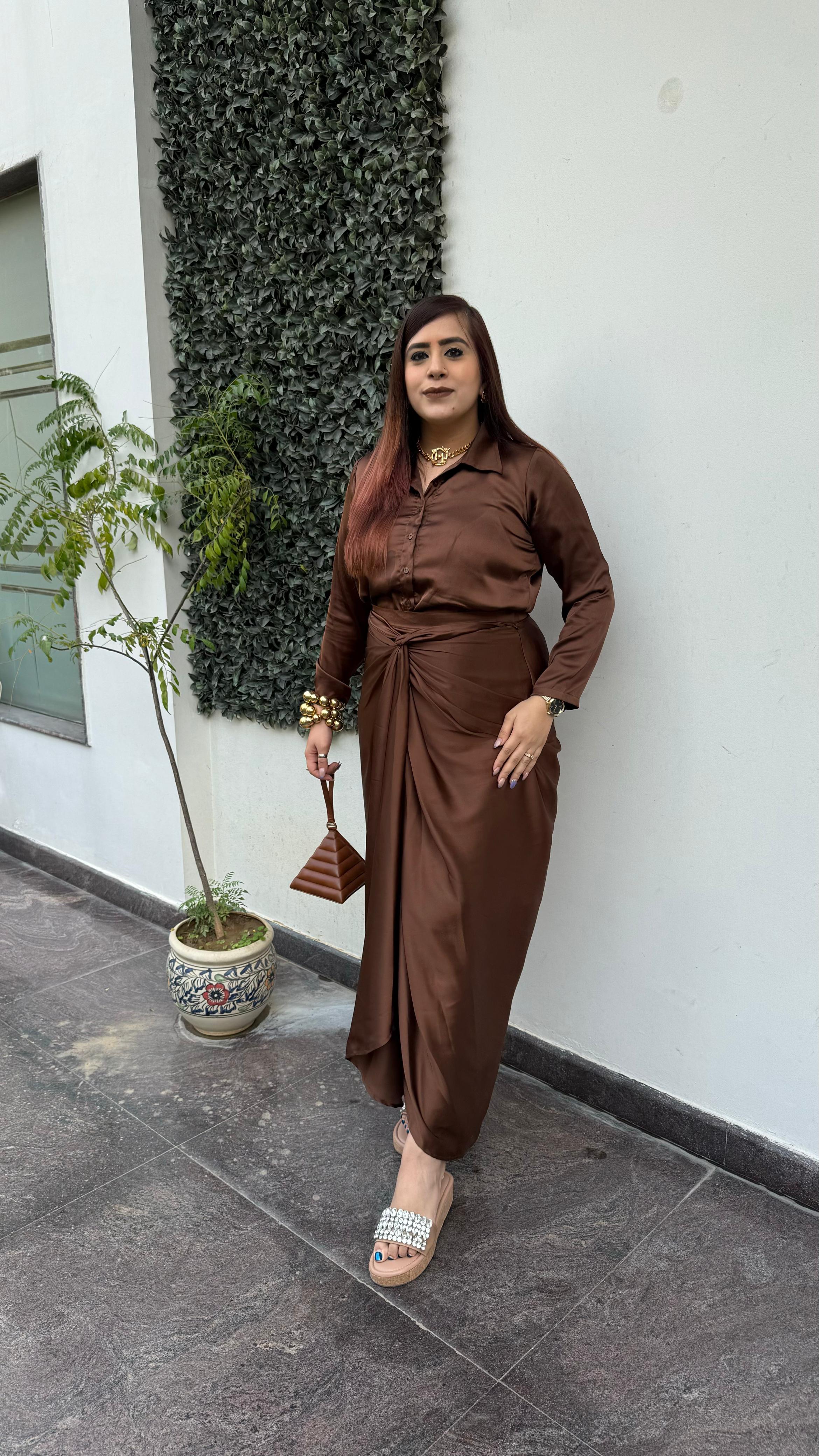 Brown Dubai Drape Skirt Co-Ord
