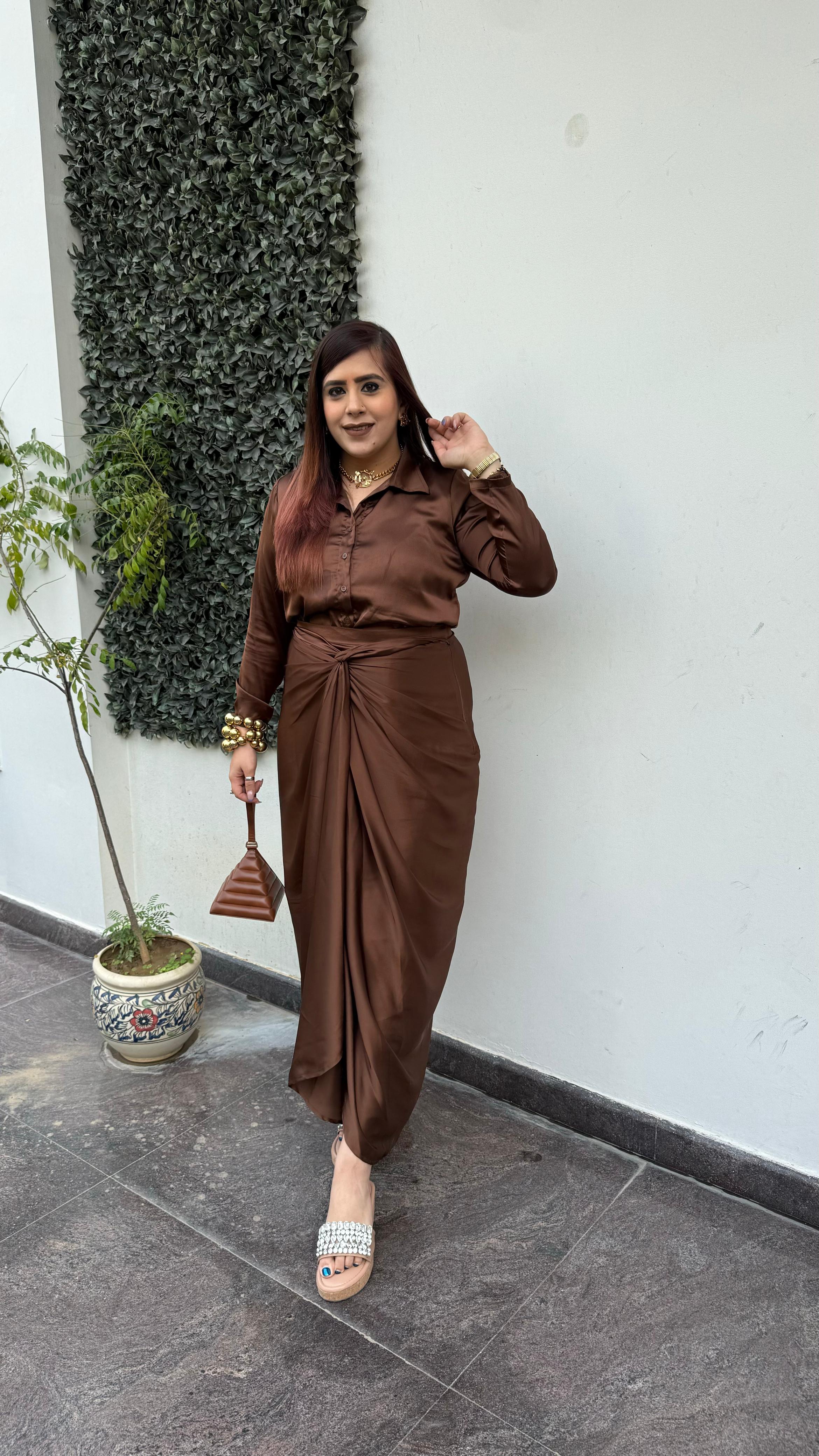 Brown Dubai Drape Skirt Co-Ord