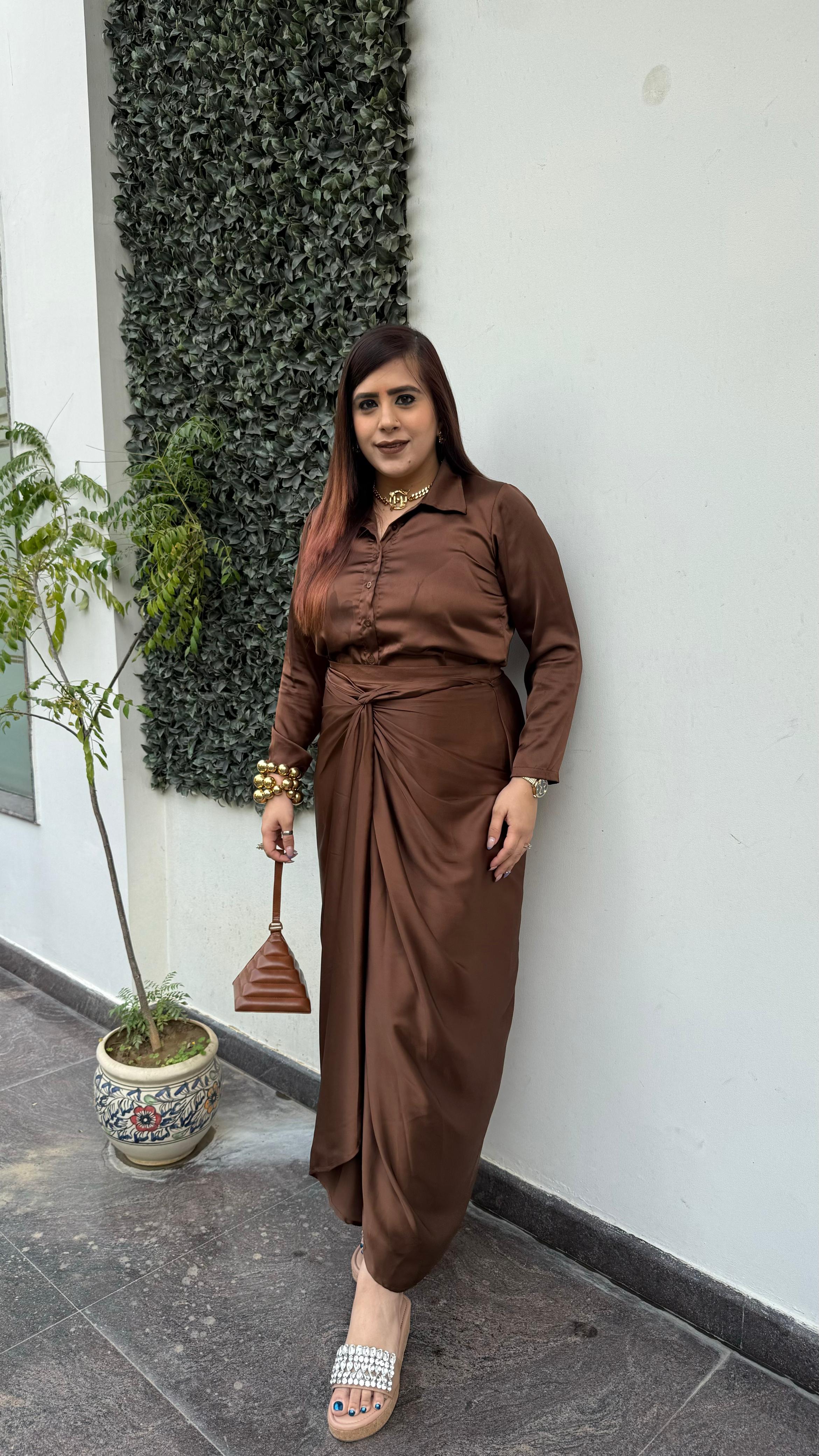 Brown Dubai Drape Skirt Co-Ord