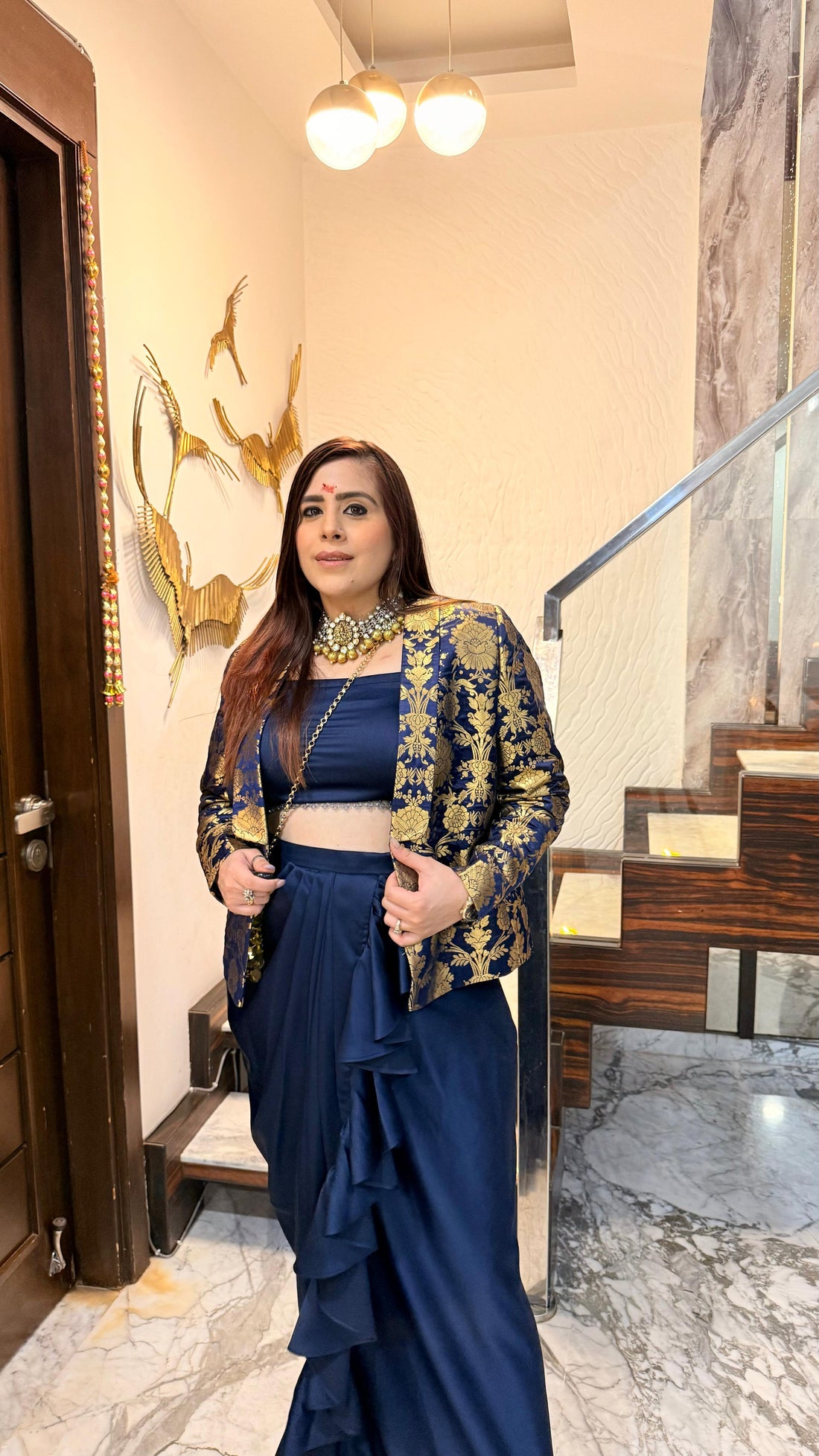 Navy Blue Banarasi Drape Skirt Set