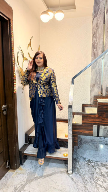 Navy Blue Banarasi Drape Skirt Set