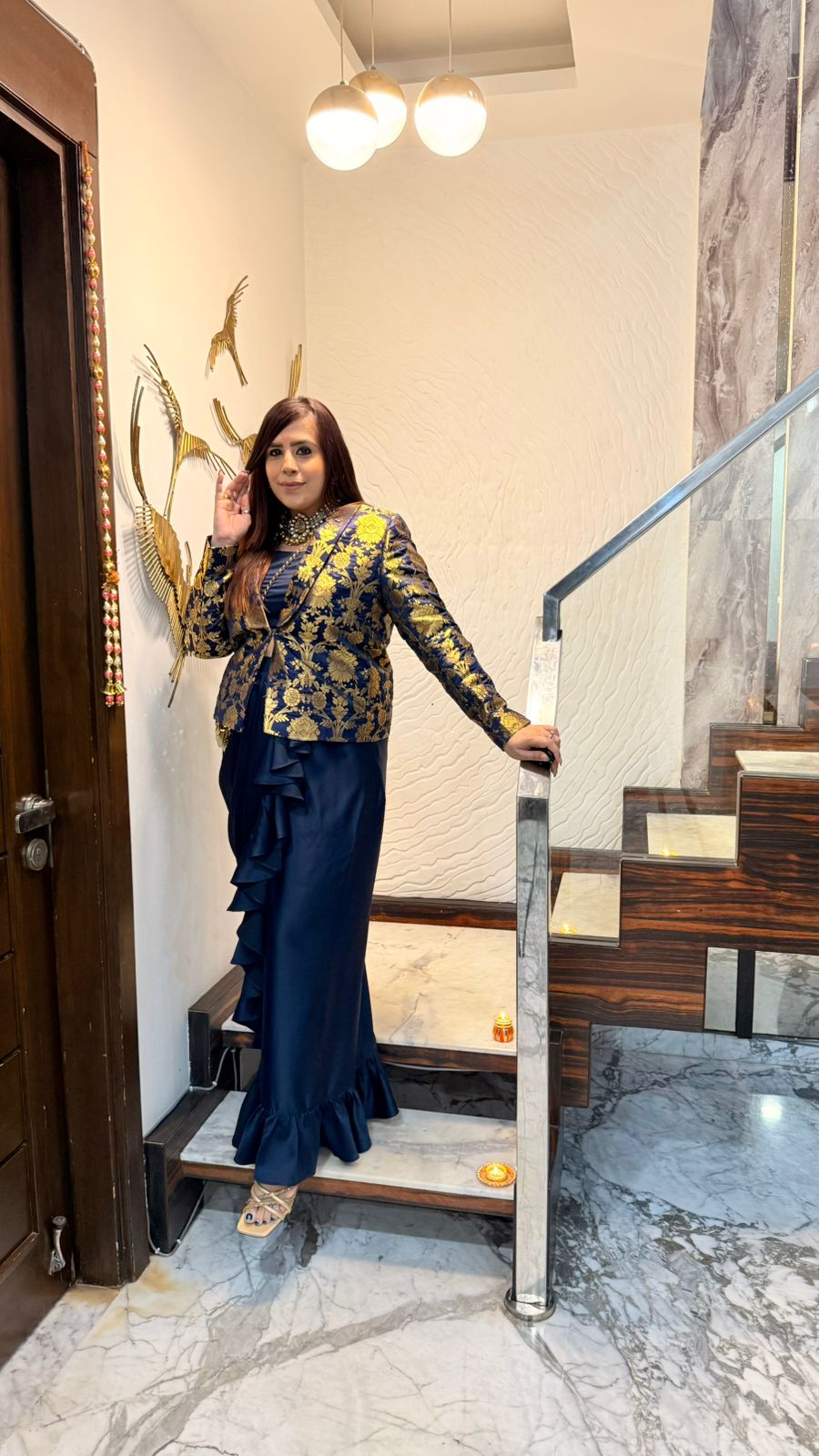 Navy Blue Banarasi Drape Skirt Set