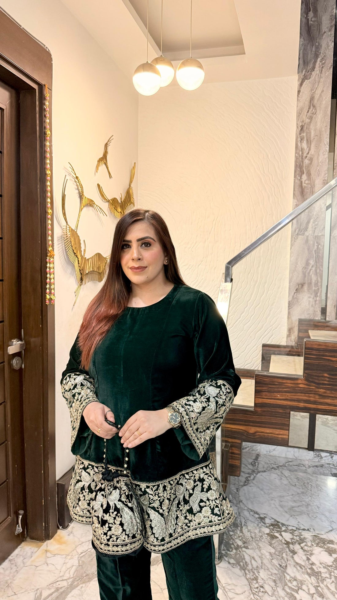 Green Bird Velvet Co-Ord with Potli Bag