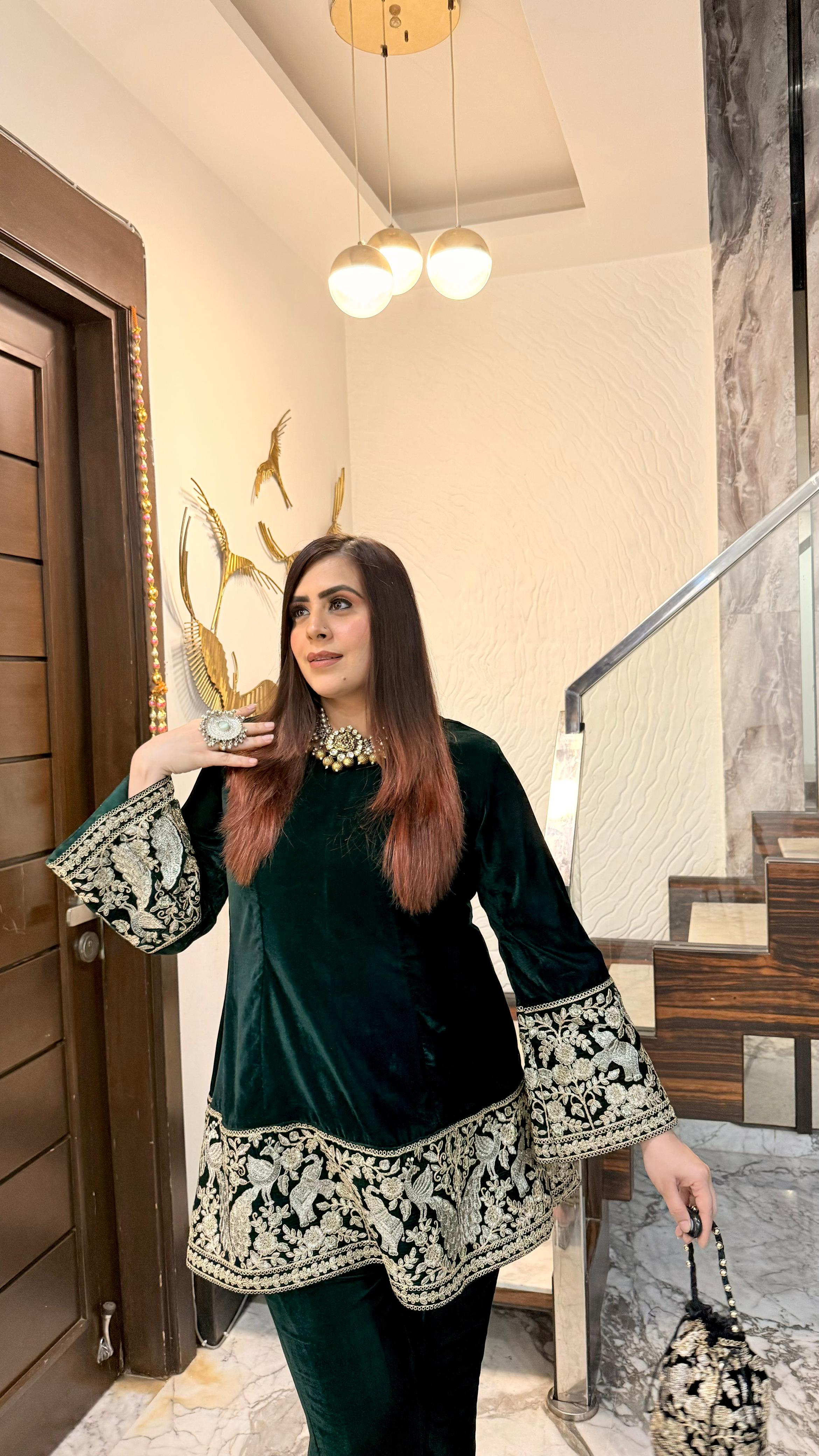 Green Bird Velvet Co-Ord with Potli Bag
