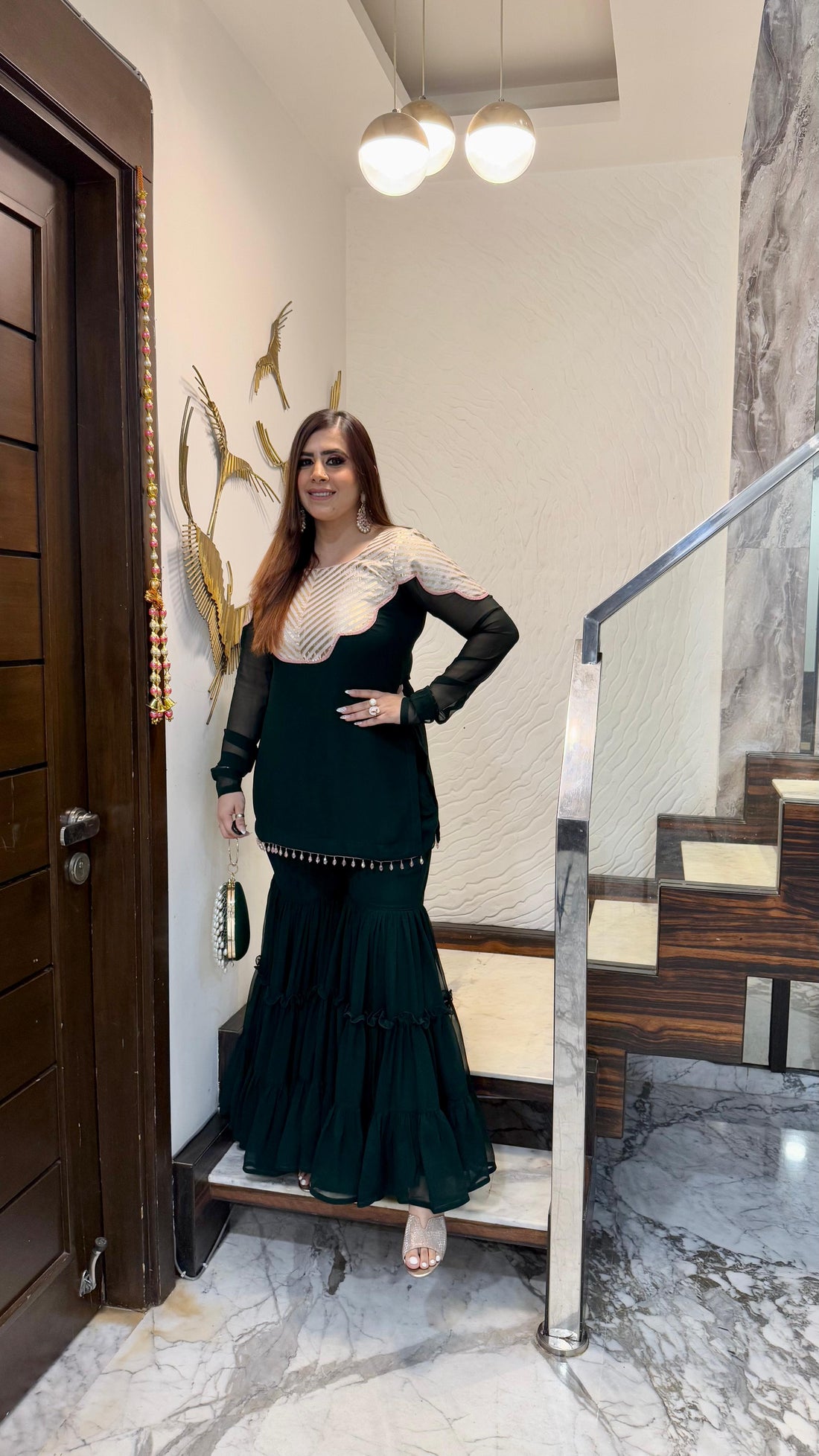 Green Chowki Garara Suit Without Dupatta