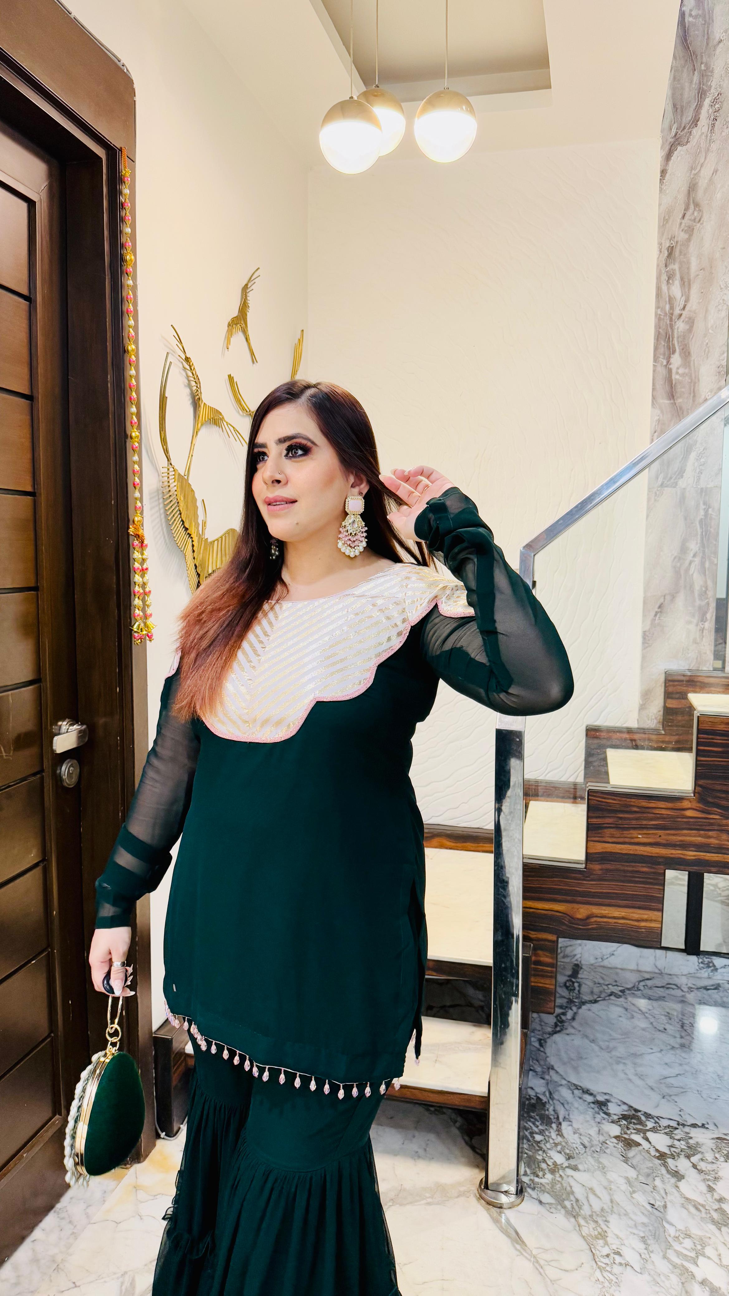 Green Chowki Garara Suit Without Dupatta