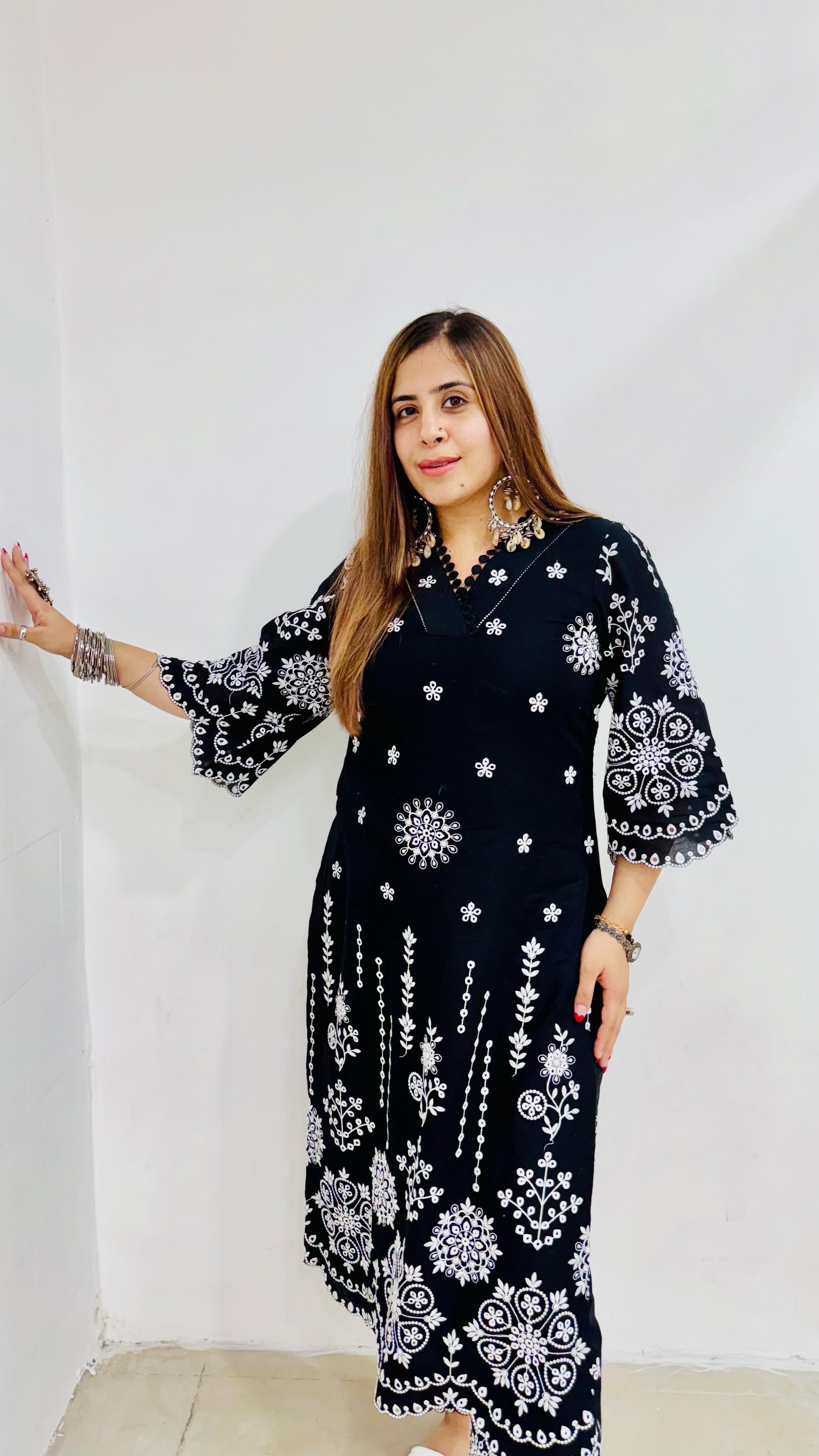 Black Embroidered Cotton Suit