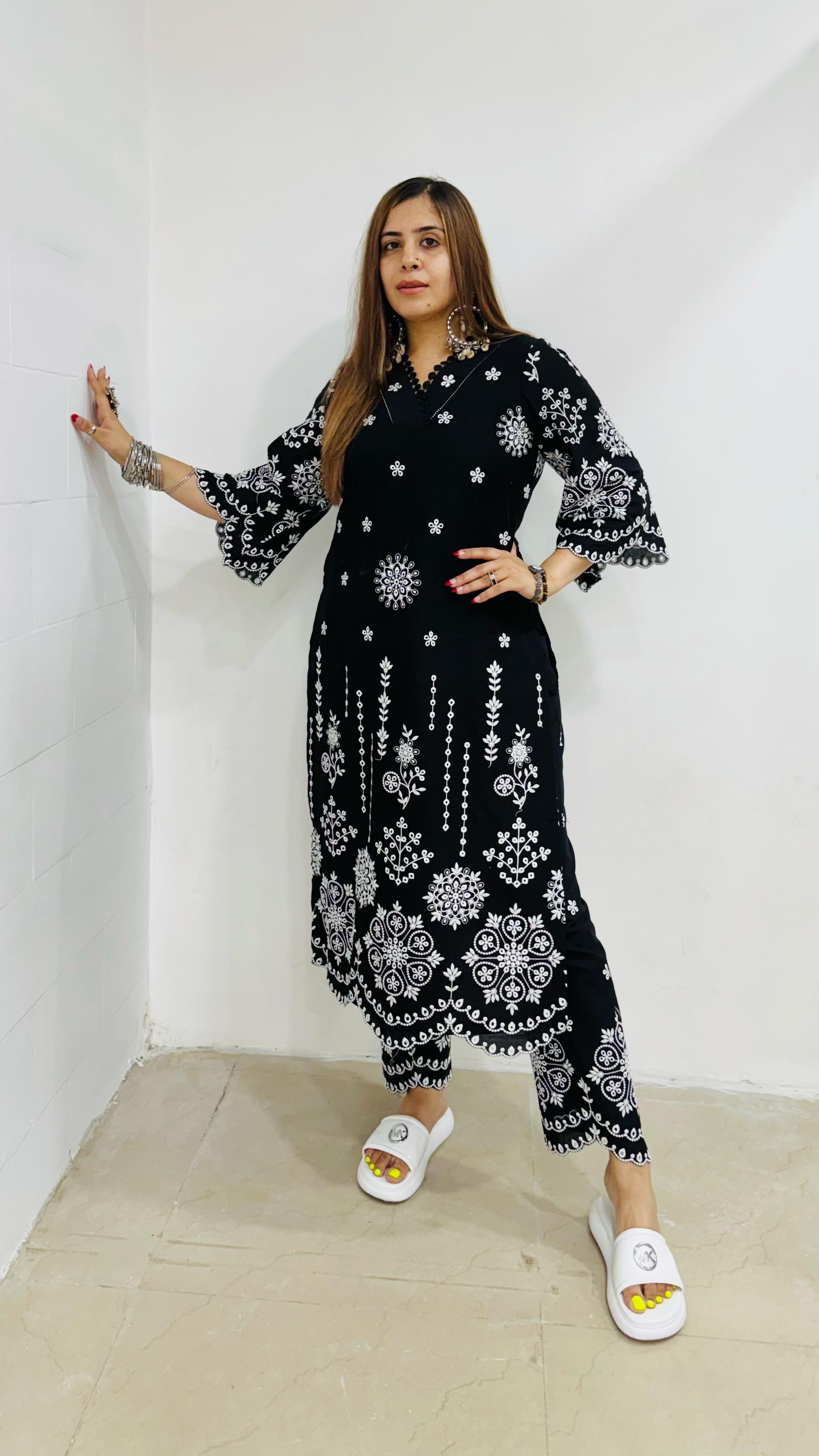 Black Embroidered Cotton Suit