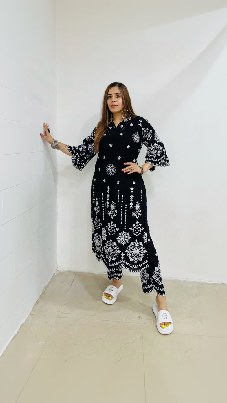 Black Embroidered Cotton Suit